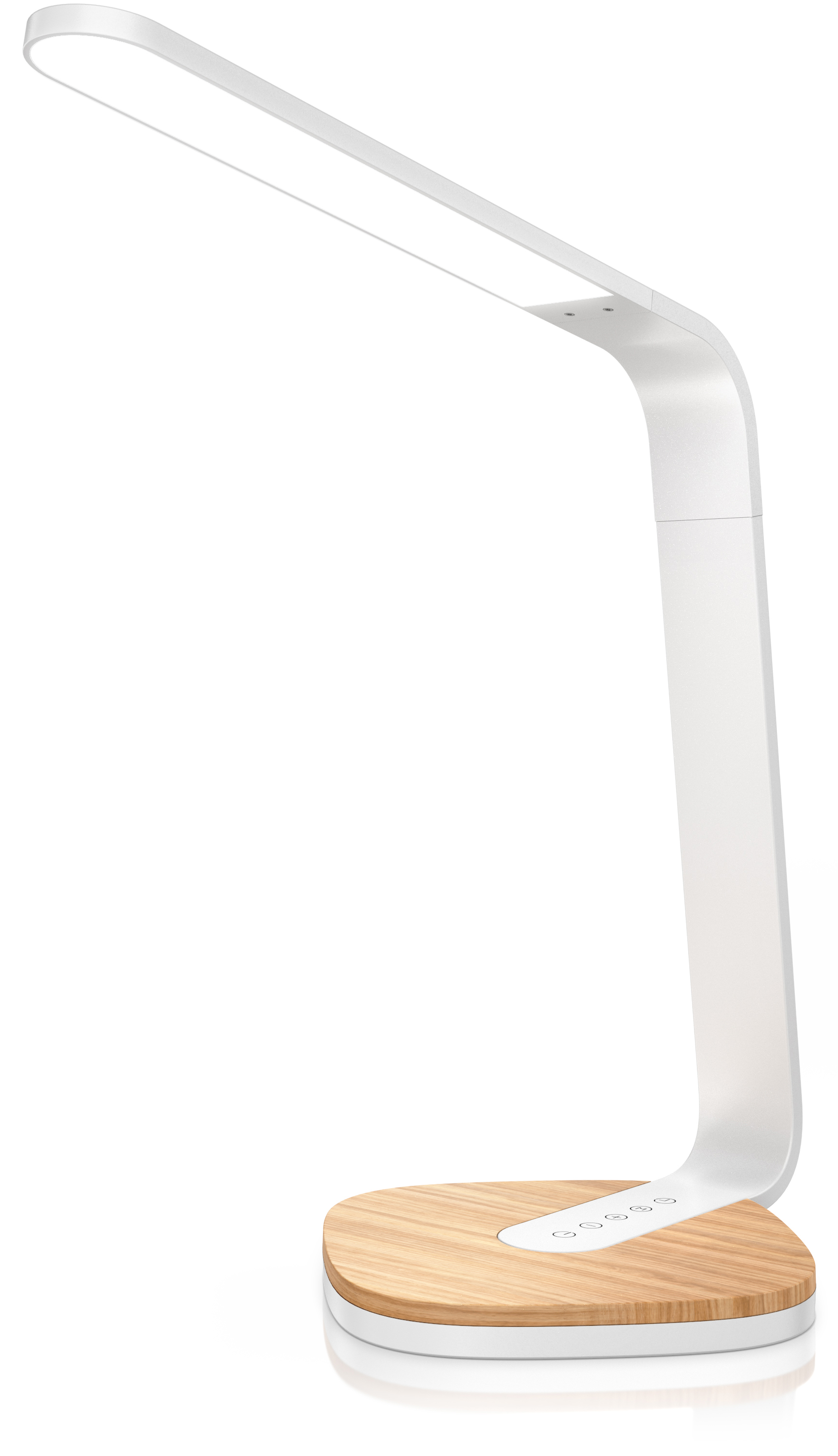 Brandson Tischlampe mit schlankem, modernem Design, weißem Gehäuse und Holzsockel, ausgestattet mit einem Touch-Bedienfeld.