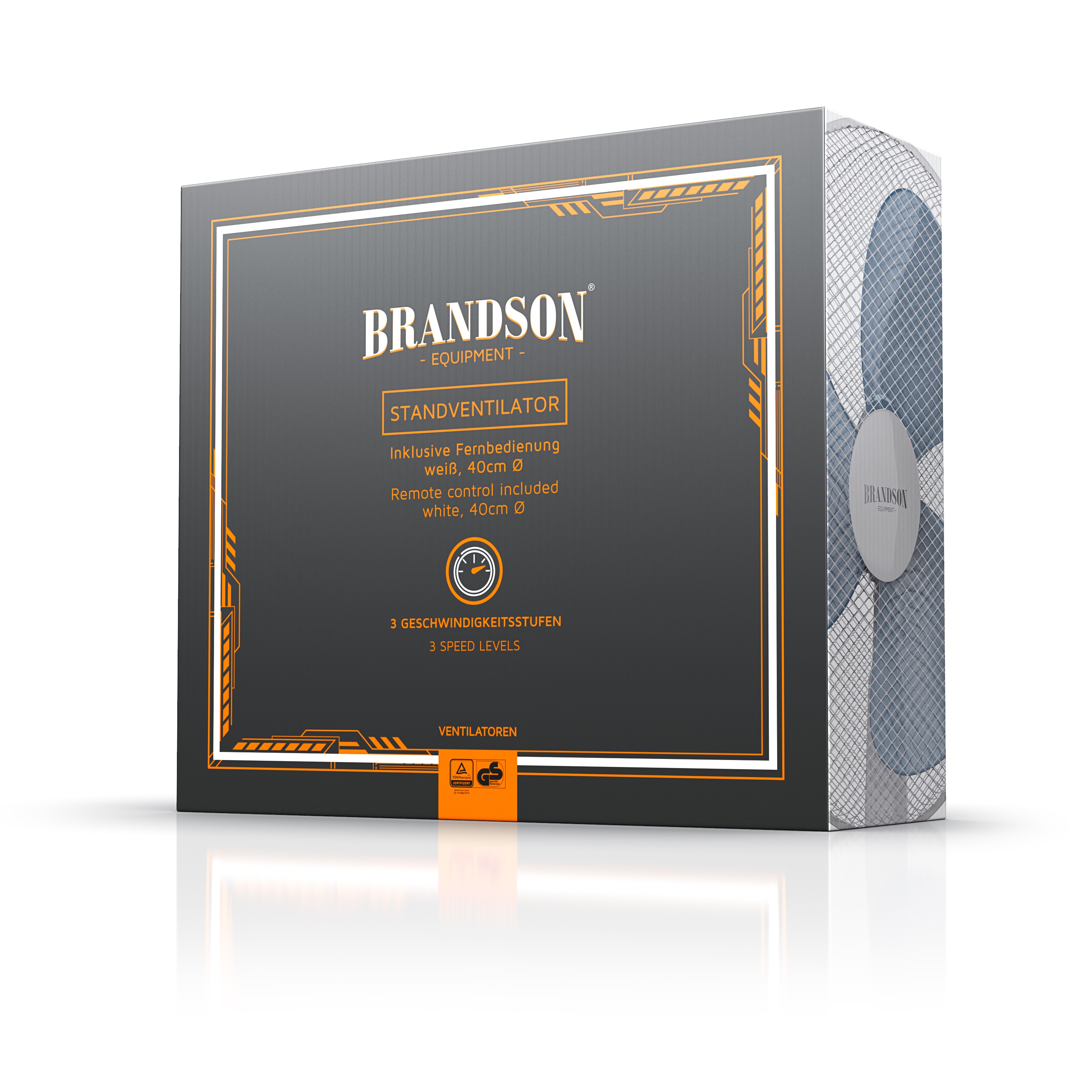 Brandson Standventilator in Verpackung, mit Fernbedienung, 40 cm Durchmesser und drei Geschwindigkeitsstufen.