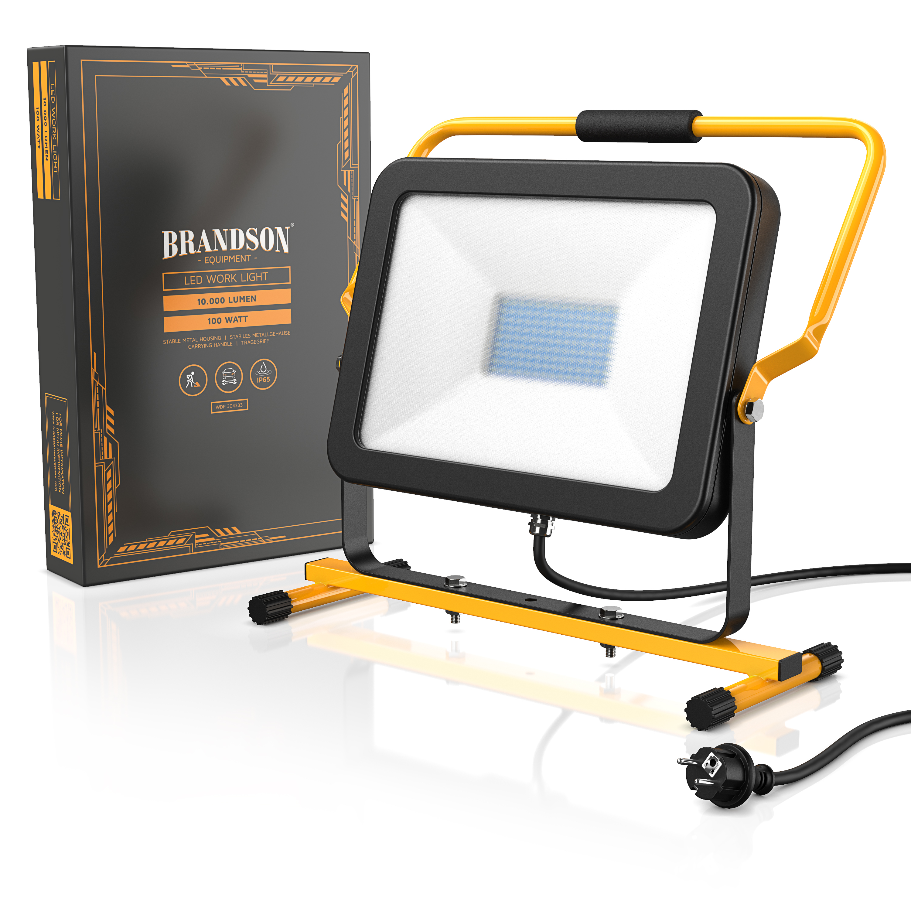 LED-Arbeitsleuchte von Brandson mit stabilem schwarz-gelbem Rahmen, großem weißen Lichtpanel und Netzkabel, verpackt in einer Markenbox.