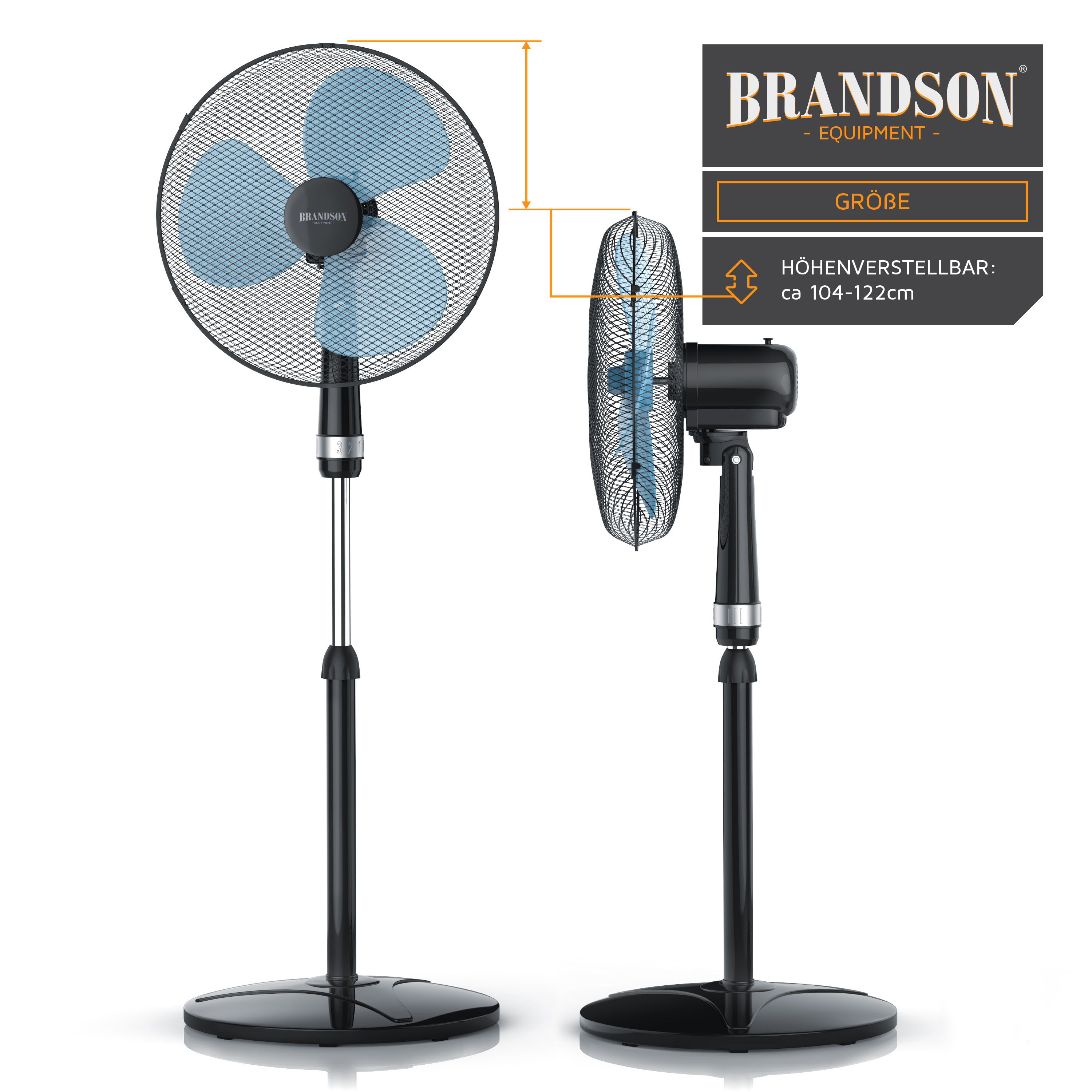 Standventilator von Brandson mit verstellbarer Höhe, schwarzem Sockel und blauen Flügeln, mit schützender Netzabdeckung und elegantem Design.