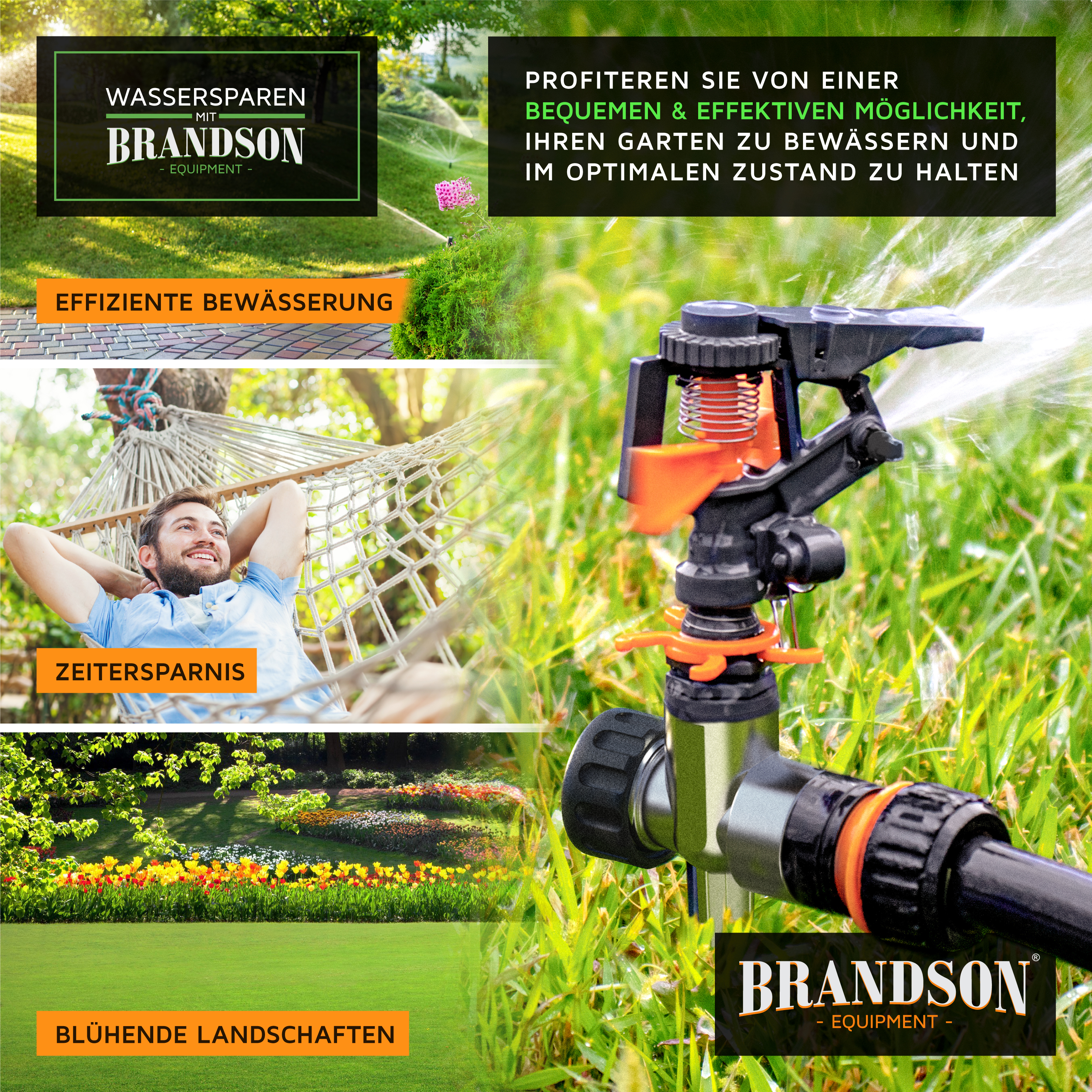 Brandson Bewässerungssystem mit einem Sprinkler, der auf grünem Rasen installiert ist, umgeben von blühenden Pflanzen und einem entspannten Mann in einer Hängematte.