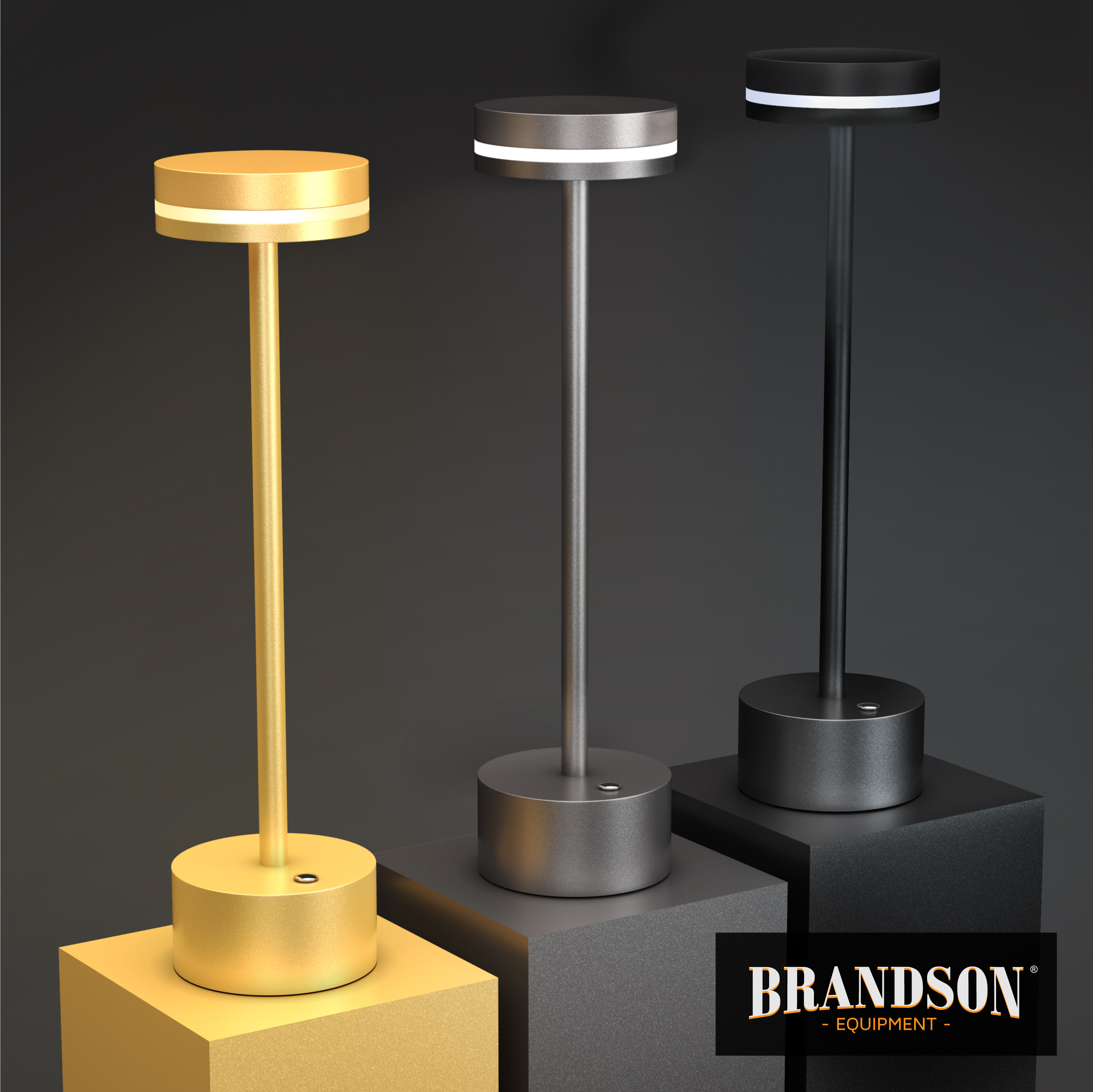 Brandson Stehlampe in Gold, Silber und Schwarz mit runder Basis und schmalem, elegantem Design.