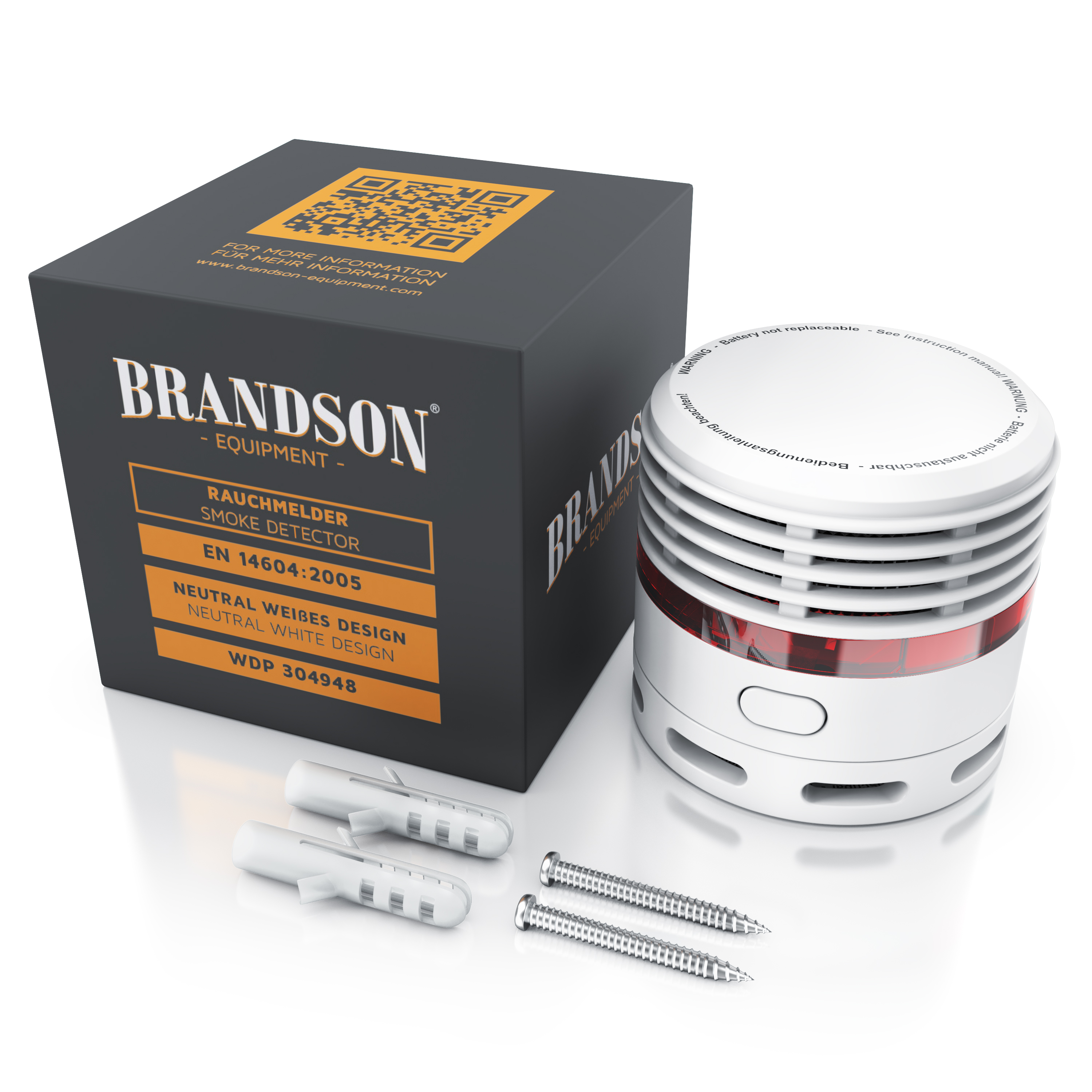 Brandson Rauchmelder in neutralem Weiß mit rotem Licht und Bedienknopf, inklusive Montagezubehör und Verpackung.