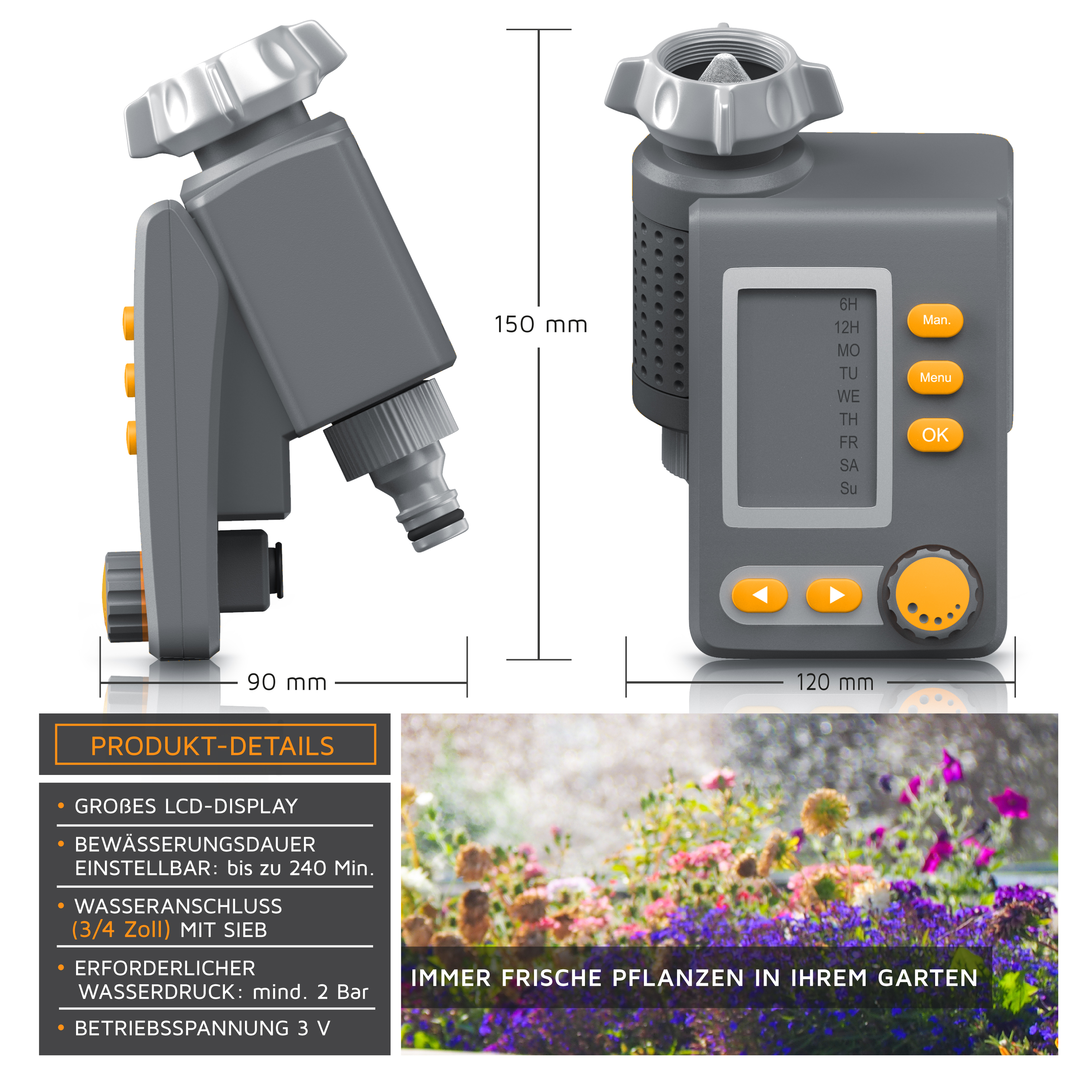 Brandson Bewässerungscomputer mit großem LCD-Display, einstellbarer Bewässerungsdauer und Wasseranschluss, in grauer Farbe.