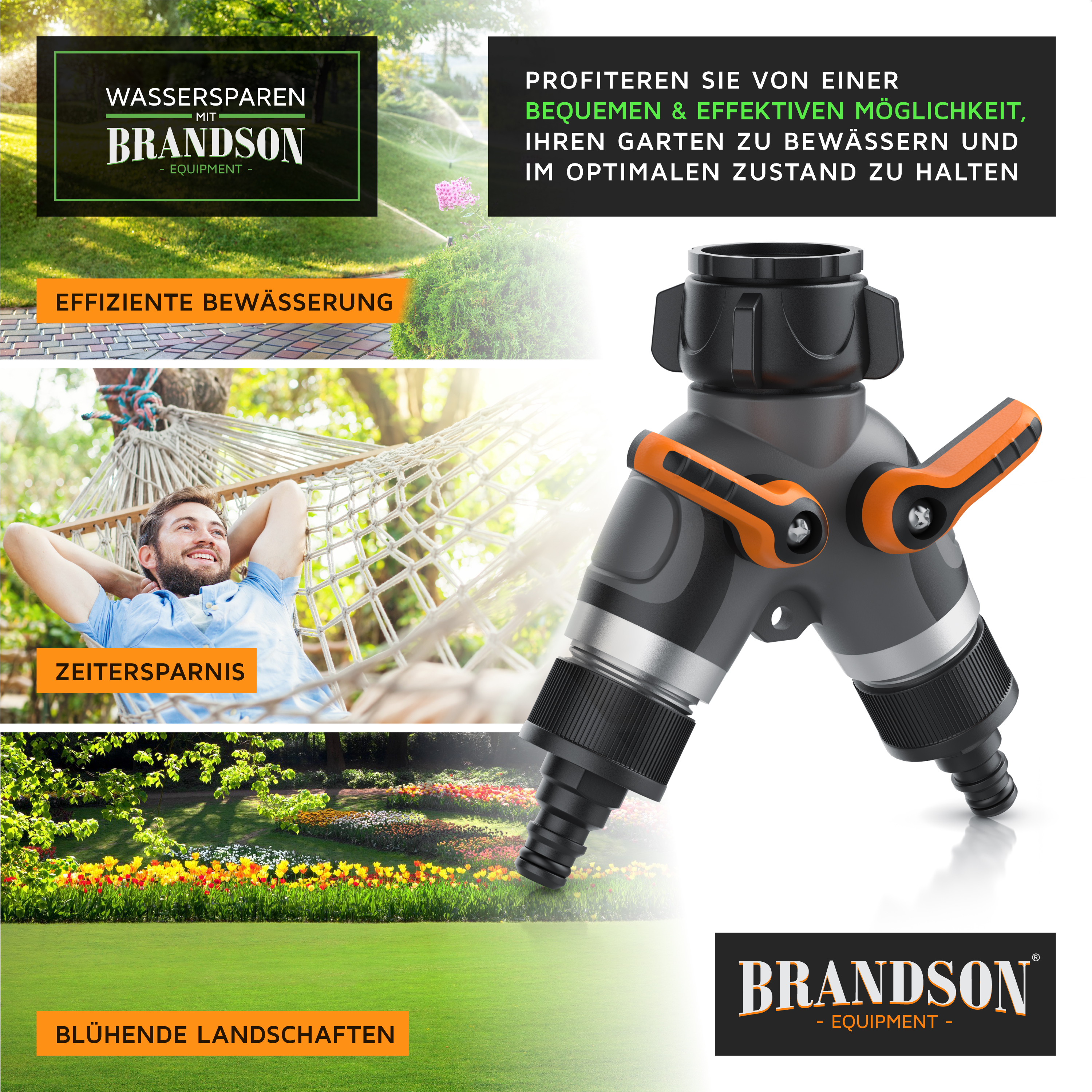 Brandson Bewässerungsgerät mit zwei Ausgängen, schwarzem und silbernem Gehäuse sowie orangefarbenen Griffen für einfache Handhabung.