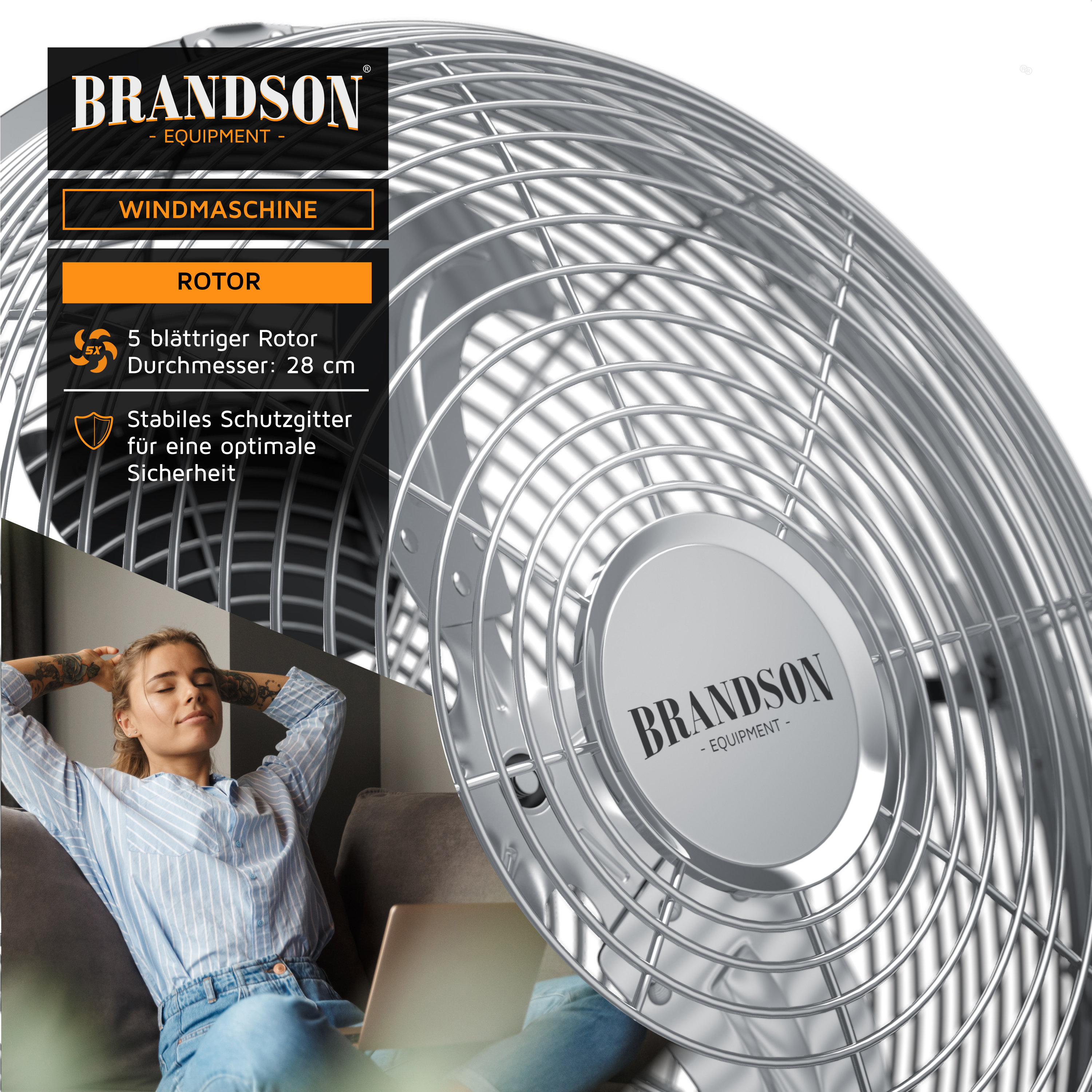 Brandson Windmaschine mit 5-blättrigem Rotor und stabilem Schutzgitter, ideal für eine sichere Nutzung im Wohnbereich.