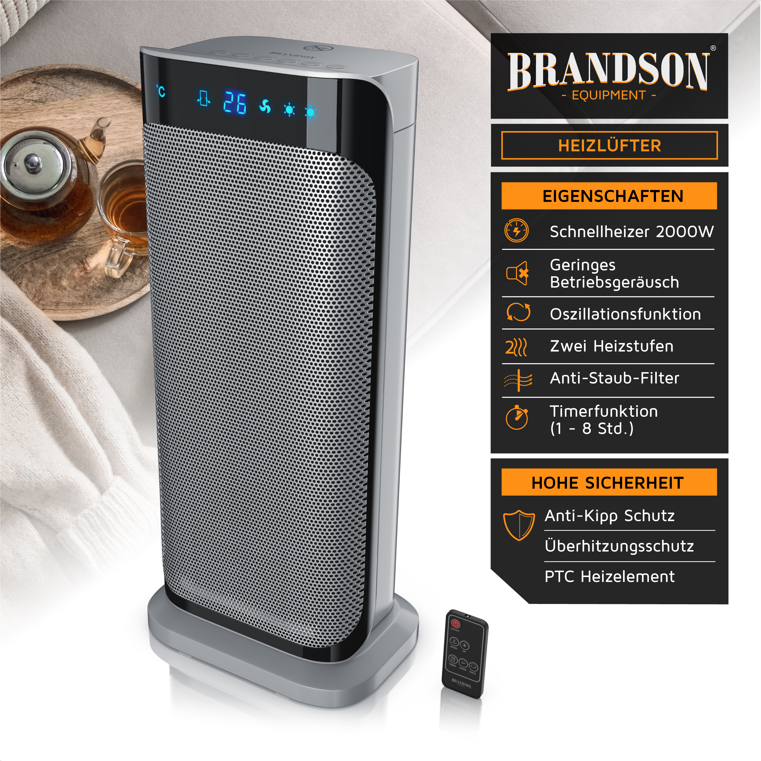 Brandson Heizlüfter im modernen Design mit digitalem Display, Fernbedienung und Anti-Staub-Filter, ideal für den Wohnbereich.