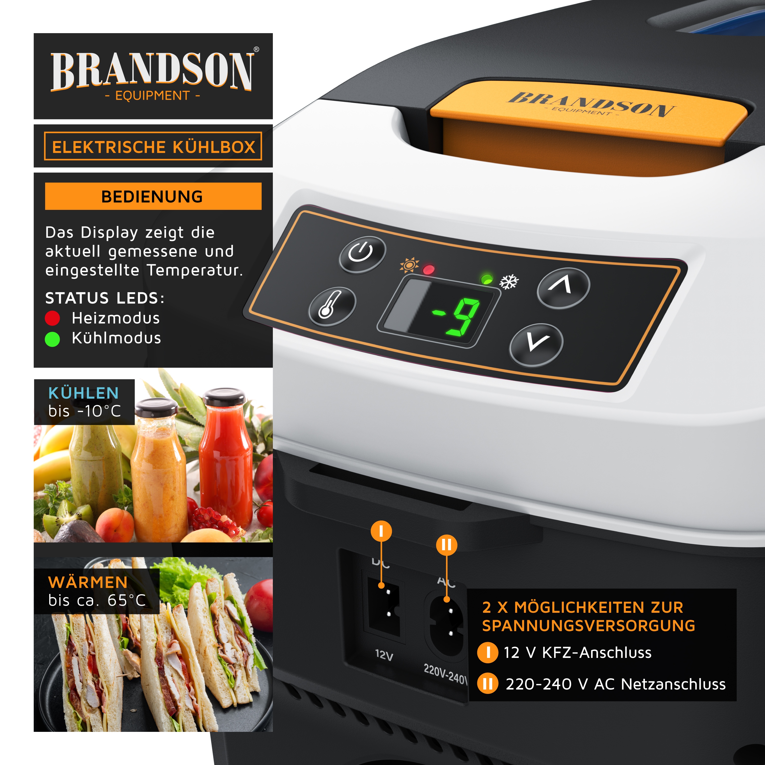 Elektrische Kühlbox von Brandson mit digitaler Anzeige der Temperatur- und Moduseinstellungen, schwarz-weißem Design und orangefarbenem Deckel.