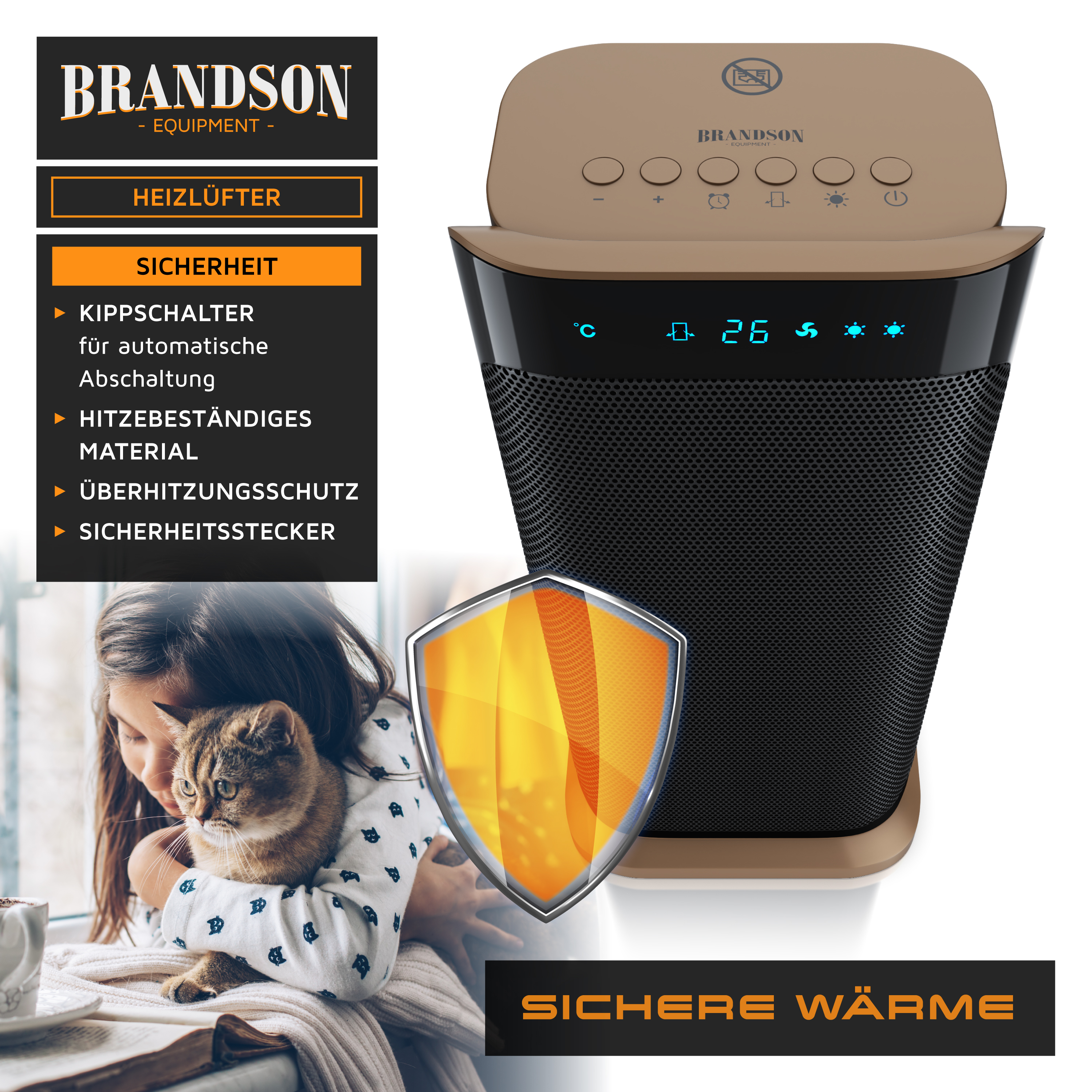 Brandson Heizlüfter mit digitalem Display, schwarzem Gehäuse und beige-farbenem Oberteil, ausgestattet mit Sicherheitsfunktionen.