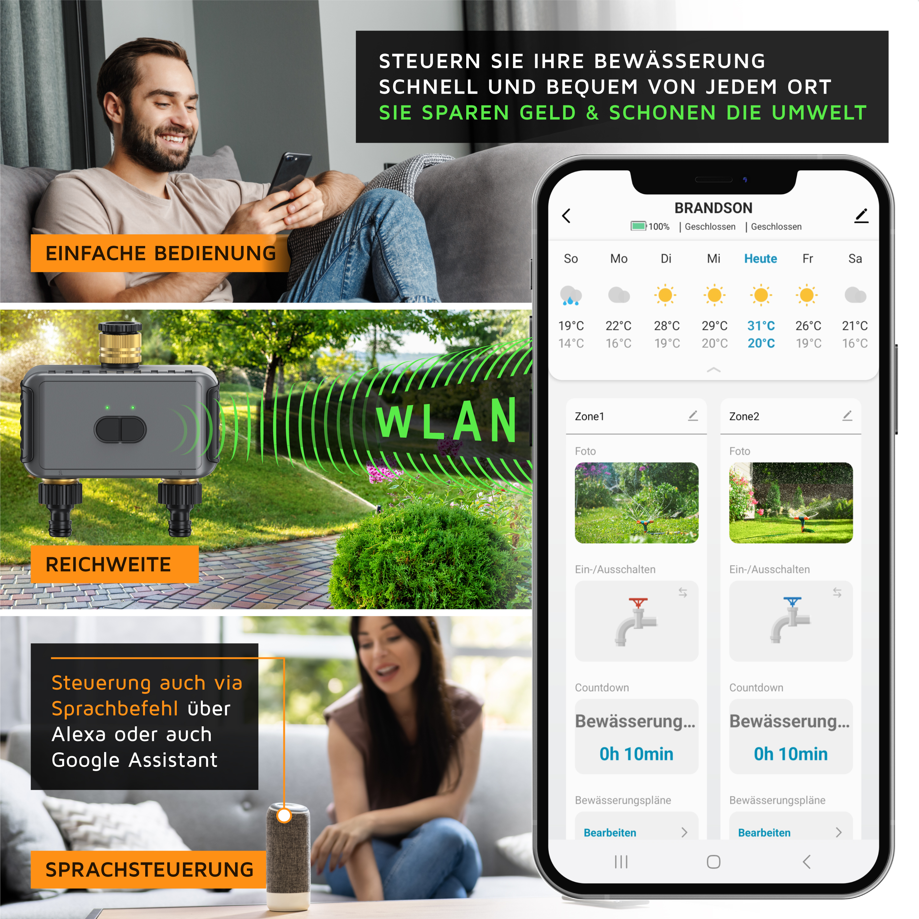 Brandson WLAN-Bewässerungssteuerung mit einfachem Bedienfeld und App-Steuerung, ideal für Gartenbewässerung.