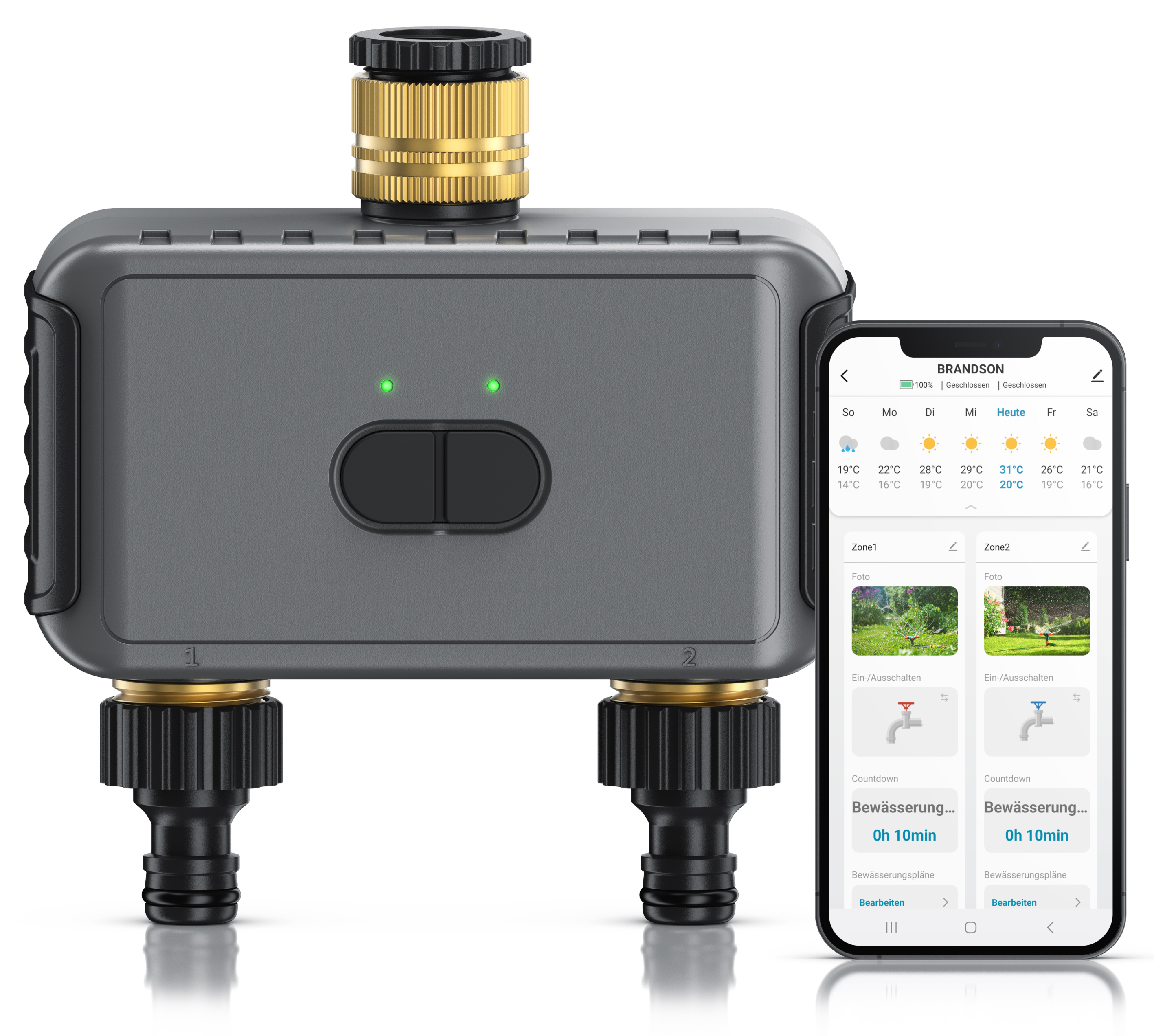 Brandson Bewässerungssteuerung in grauem Gehäuse mit zwei Wasseranschlüssen und Smartphone-App zur Steuerung.