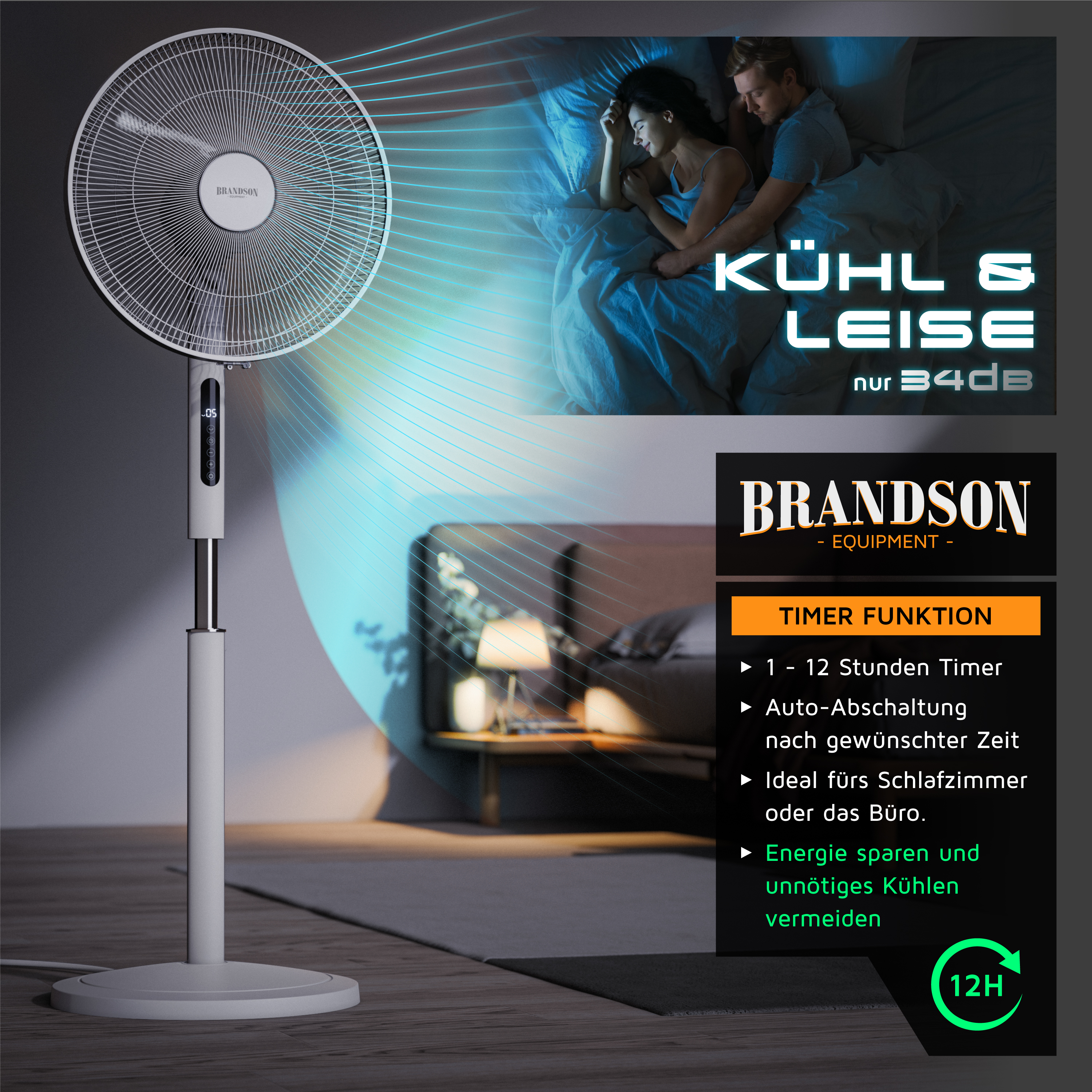 Brandson Standventilator in Weiß mit elegantem Design, digitaler Anzeige und Timerfunktion, ideal für Schlafzimmer oder Büros.