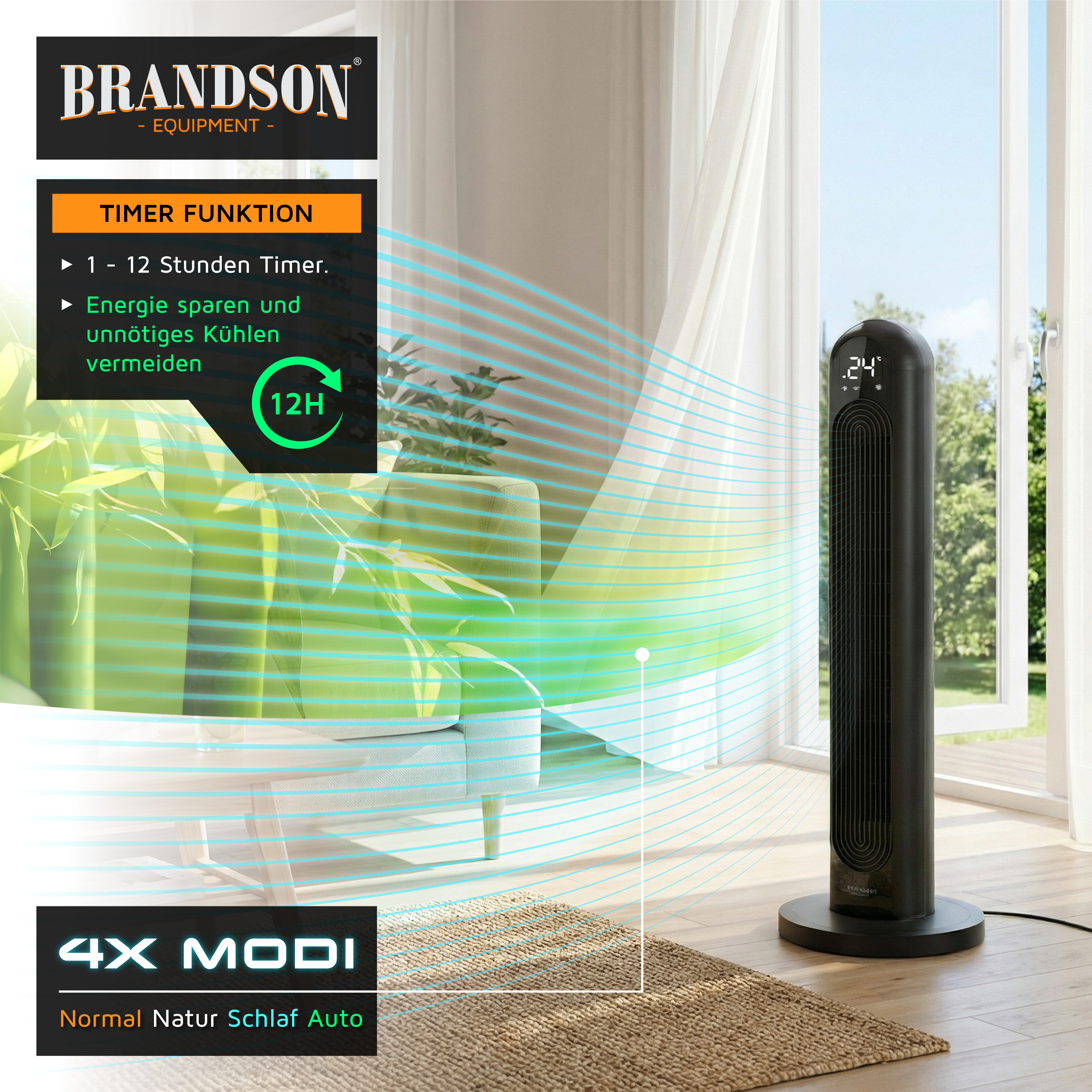Brandson Turmventilator in Schwarz mit Digitalanzeige, Timerfunktion und elegantem Design, positioniert in der Nähe eines Fensters in einem hellen Raum.