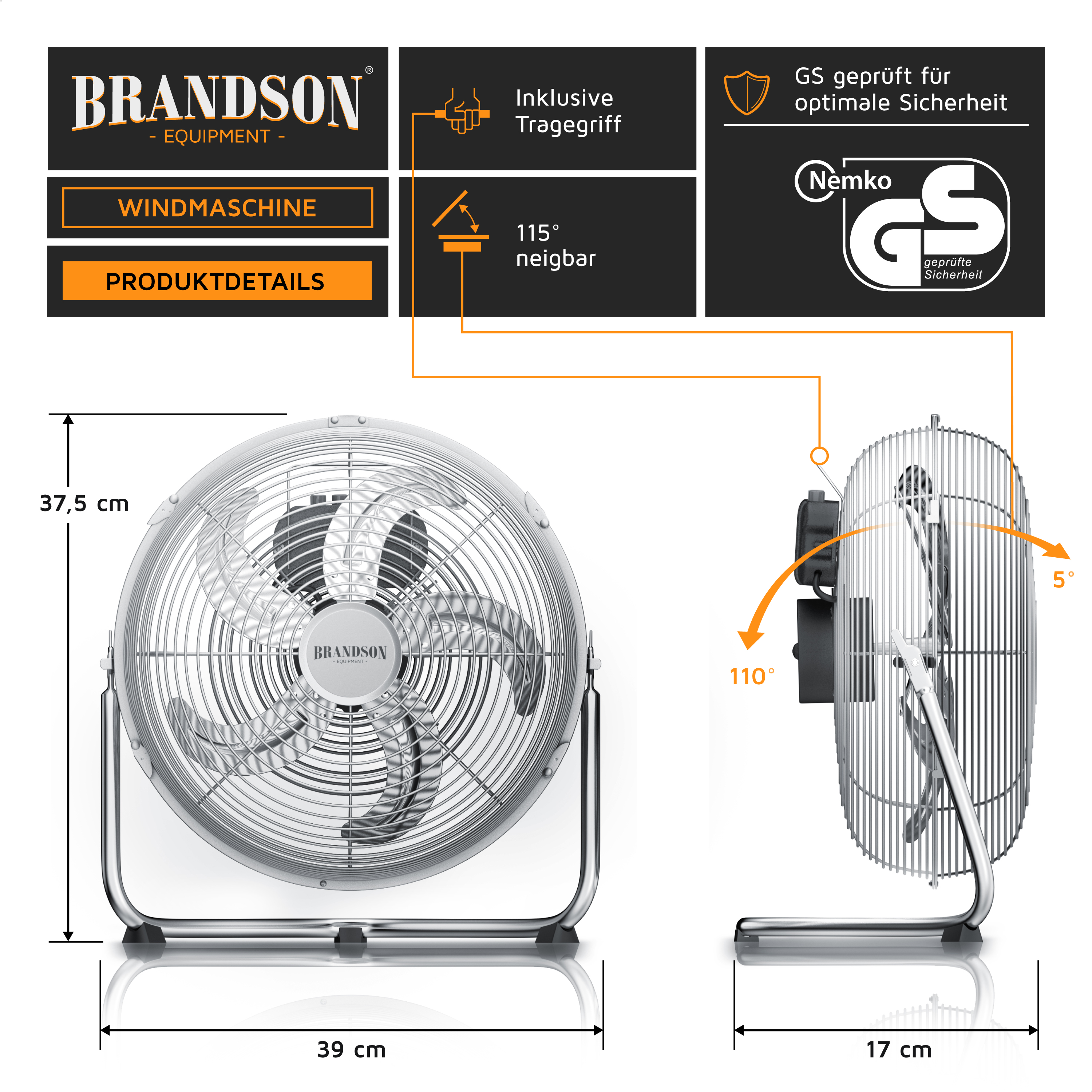 Windmaschine von Brandson mit stabilem Metallrahmen, verstellbarer Neigung bis 110° und Tragegriff für einfachen Transport.