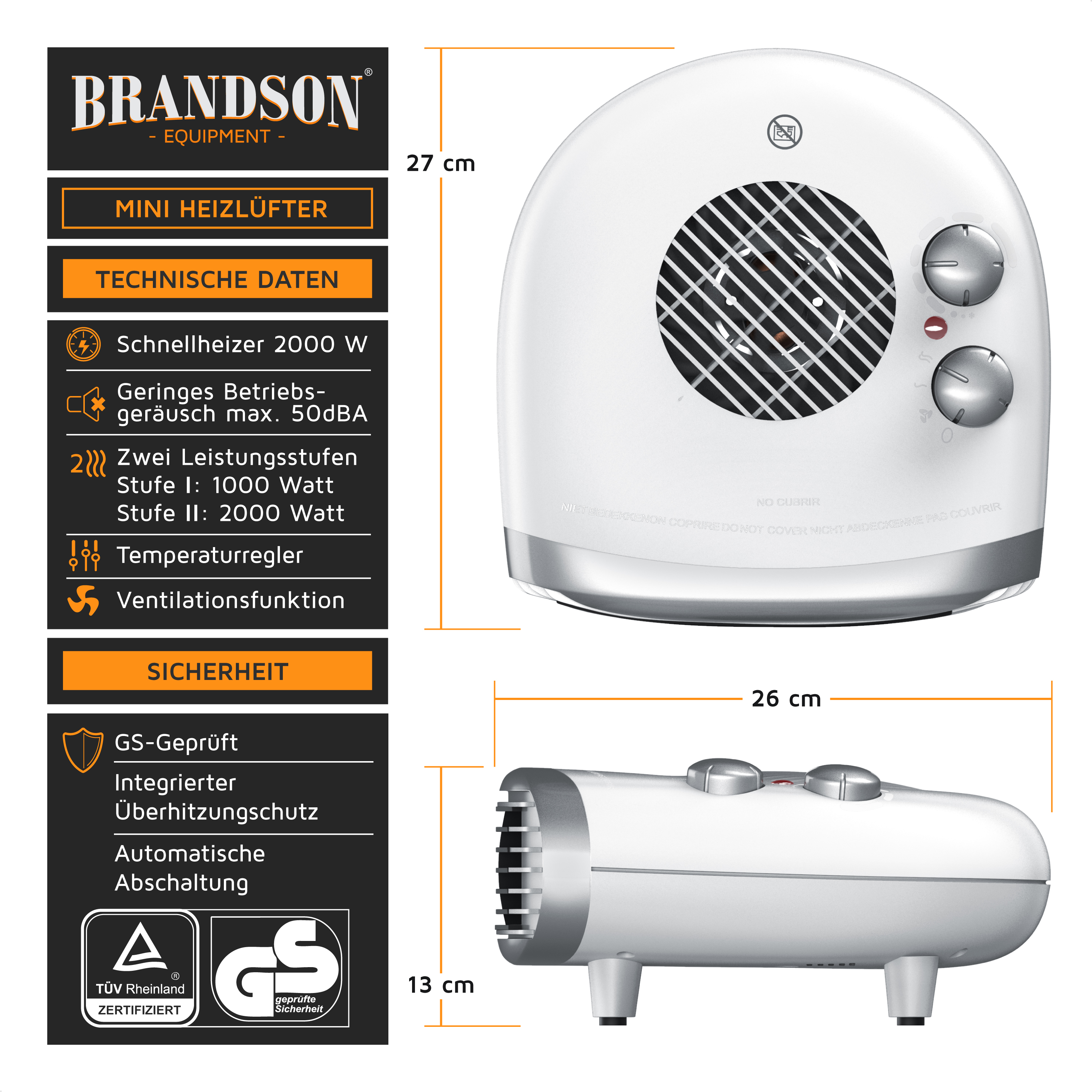 Brandson Mini Heizlüfter in Weiß mit zwei Leistungsstufen, Temperaturregler und Ventilationsfunktion, kompaktes Design für einfache Nutzung.