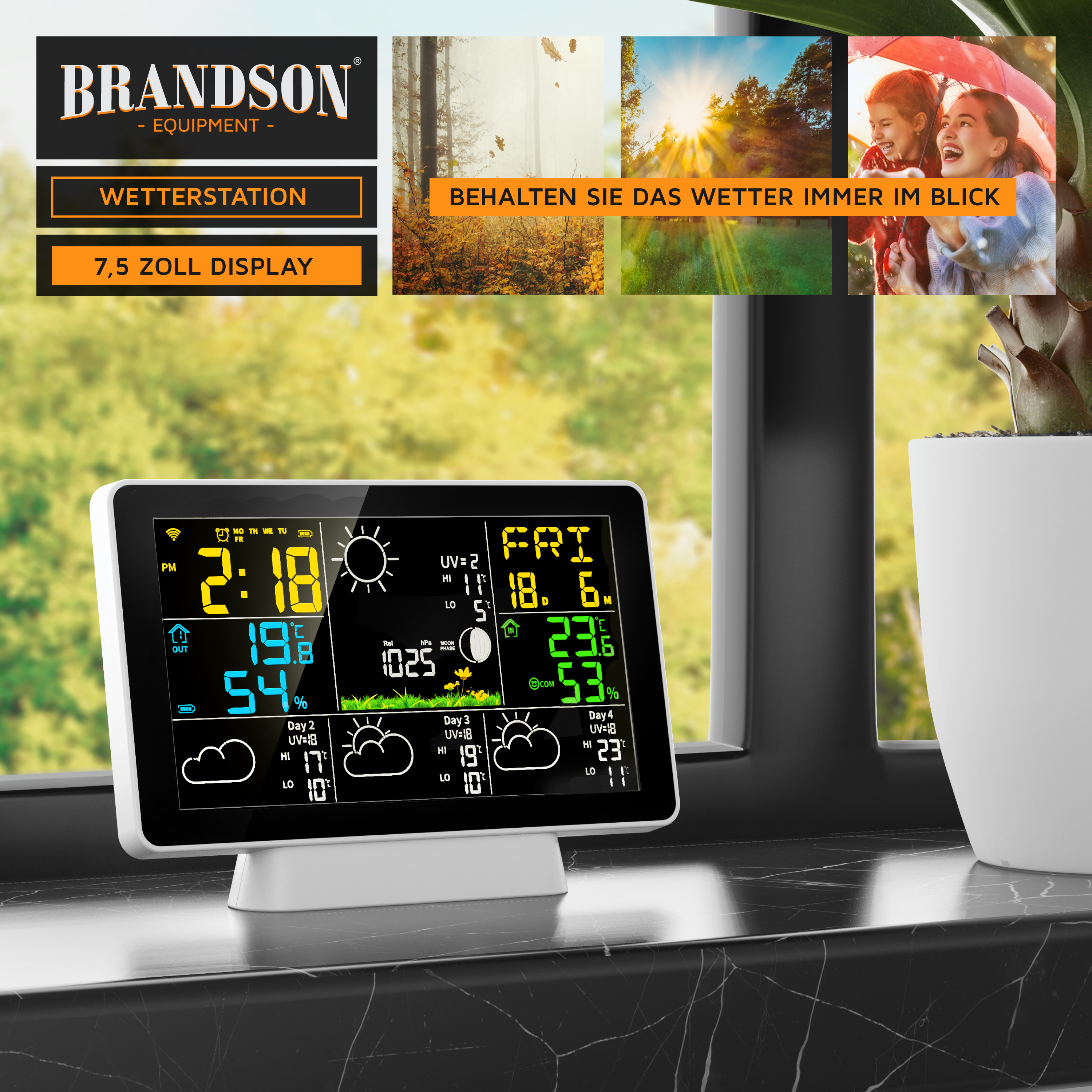 Brandson Wetterstation mit 7,5 Zoll Display, zeigt Temperatur, Luftfeuchtigkeit und Wettervorhersage in bunten Ziffern auf schwarzem Hintergrund.