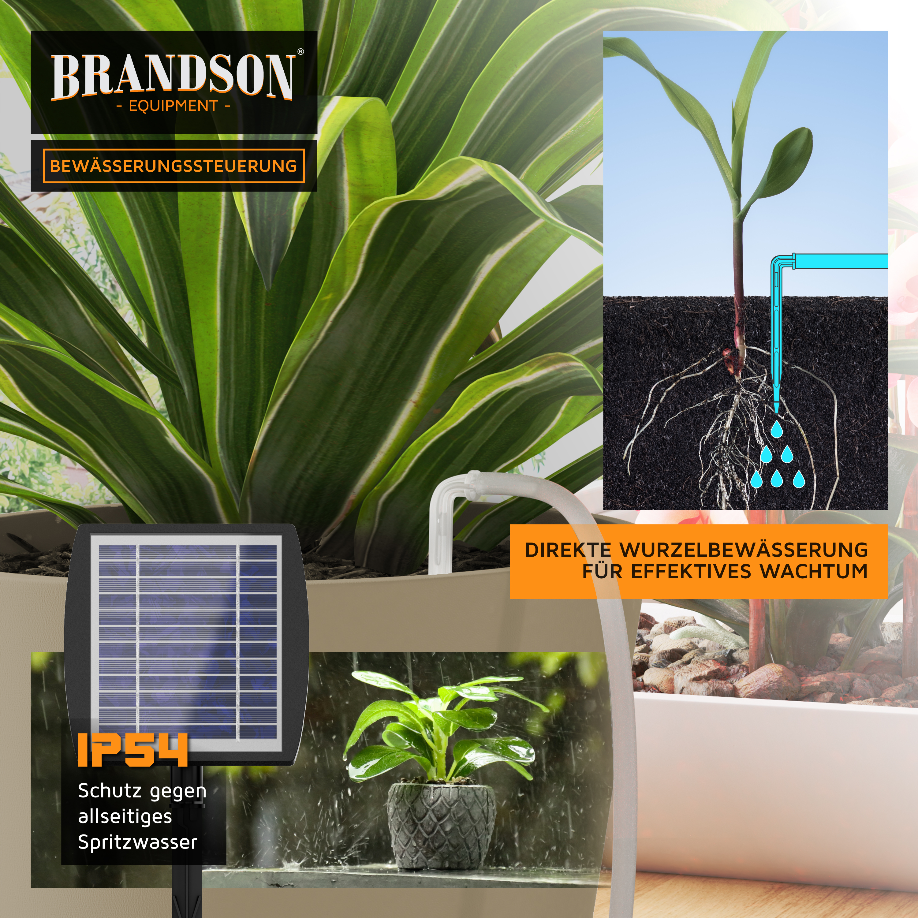 Brandson Bewässerungssteuerung mit Solarpanel zur direkten Wurzelbewässerung, IP54 Schutz gegen Spritzwasser, ideal für Pflanzenwachstum.