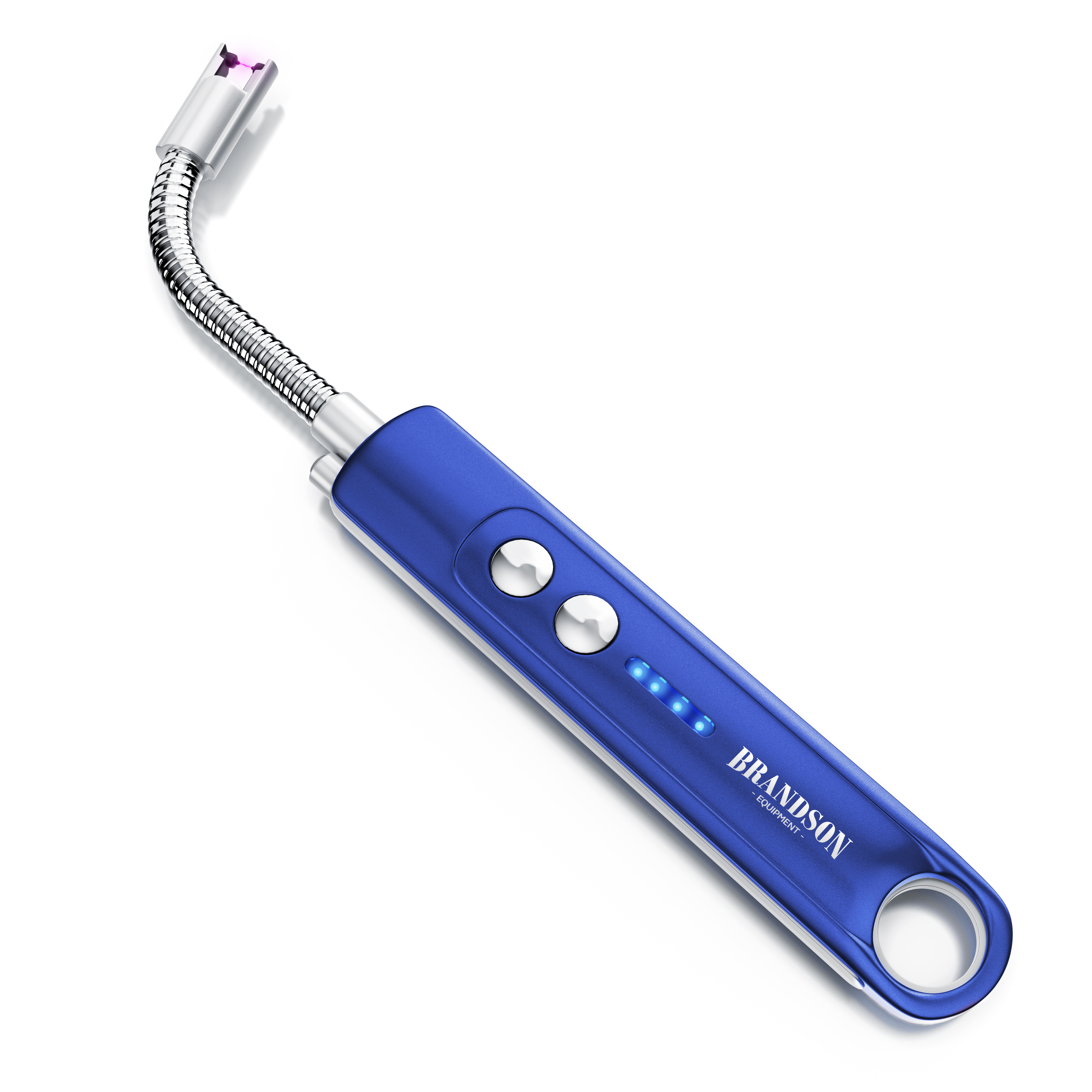 Brandson elektrischer Grillanzünder in Blau mit flexibler Metallspitze, zwei Tasten und LED-Anzeige.