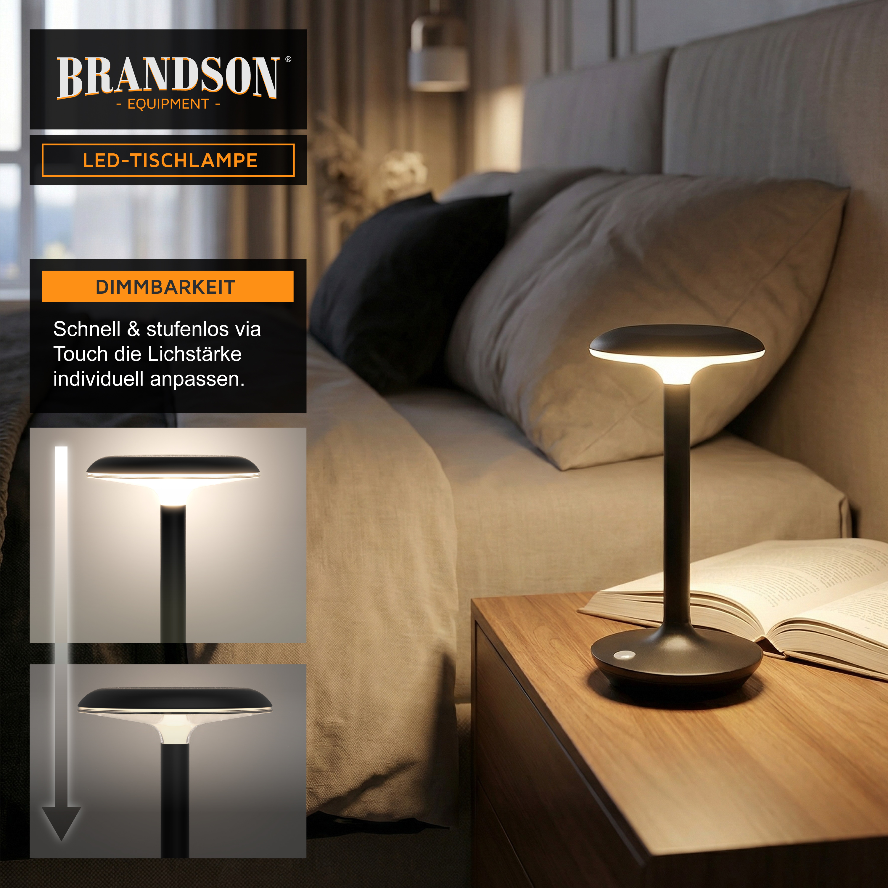 Brandson LED-Tischlampe mit elegantem schwarzem Design, Touch-Dimmfunktion und moderner Ästhetik, platziert auf einem Nachttisch neben einem Buch.