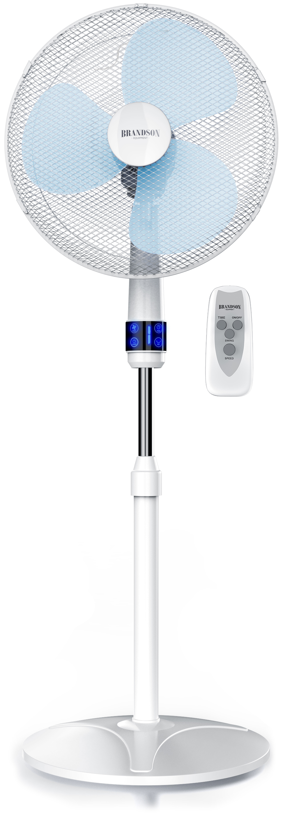 Standventilator von Brandson mit weißem Sockel, verstellbarer Höhe, blauen Flügeln und einer Fernbedienung für einfache Bedienung.
