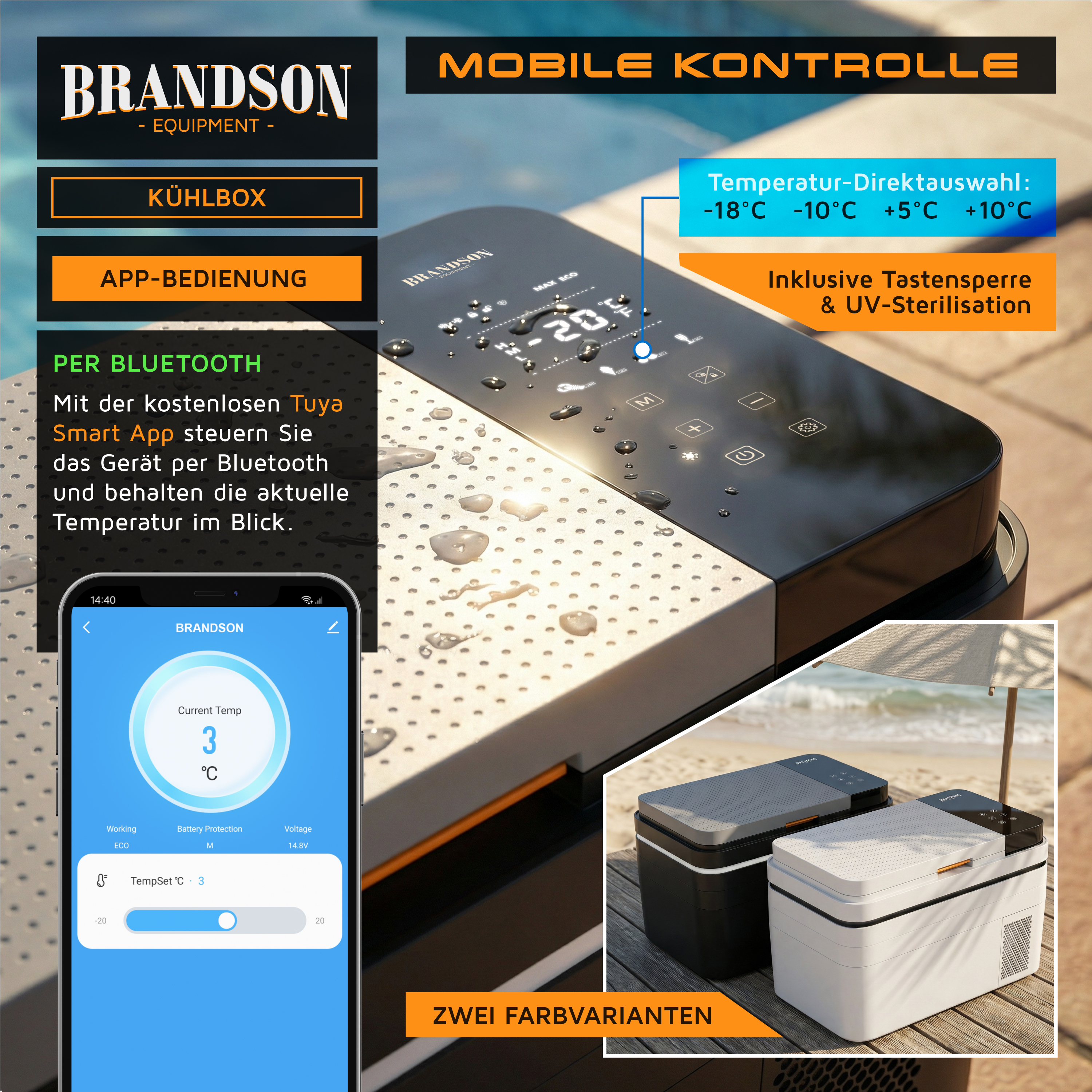 Brandson Kühlbox mit Bluetooth-App-Steuerung, digitalem Display und Temperaturwahl, in zwei Farbvarianten, ideal für den Einsatz im Freien.