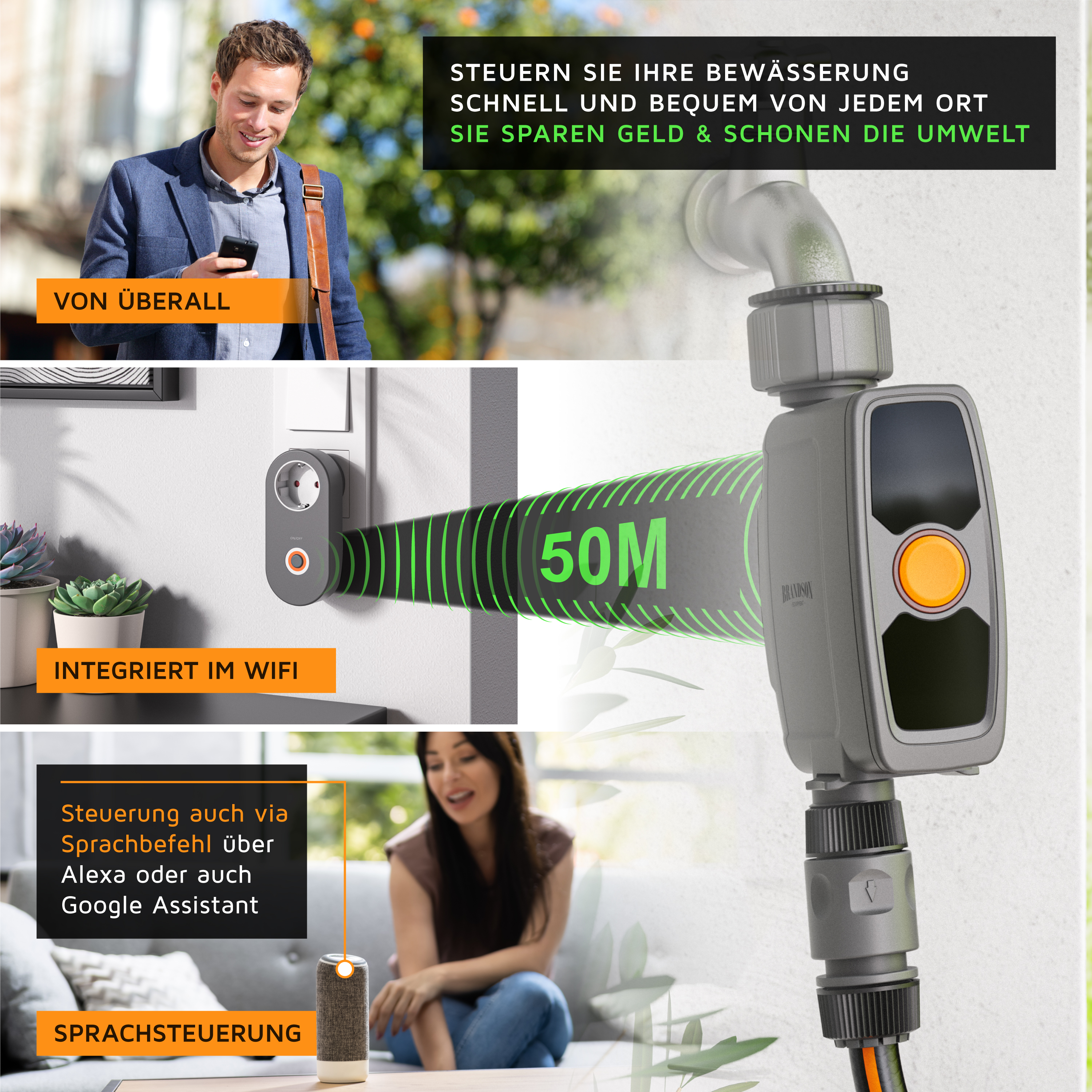 Brandson WLAN-Bewässerungssteuerung mit integriertem Display und Steuerknopf, geeignet für die Fernbedienung über Sprachassistenten.