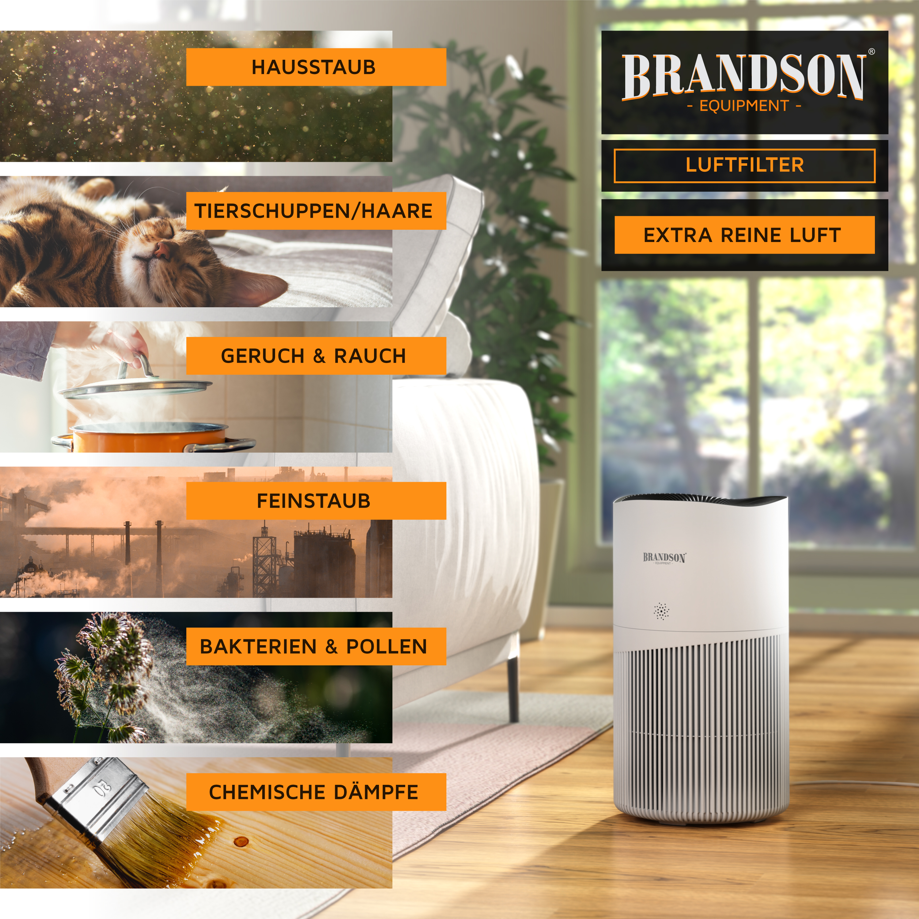 Brandson Luftfilter im modernen Design, weiß mit schwarzem Oberteil, platziert in einem hellen Raum neben einem Sofa.