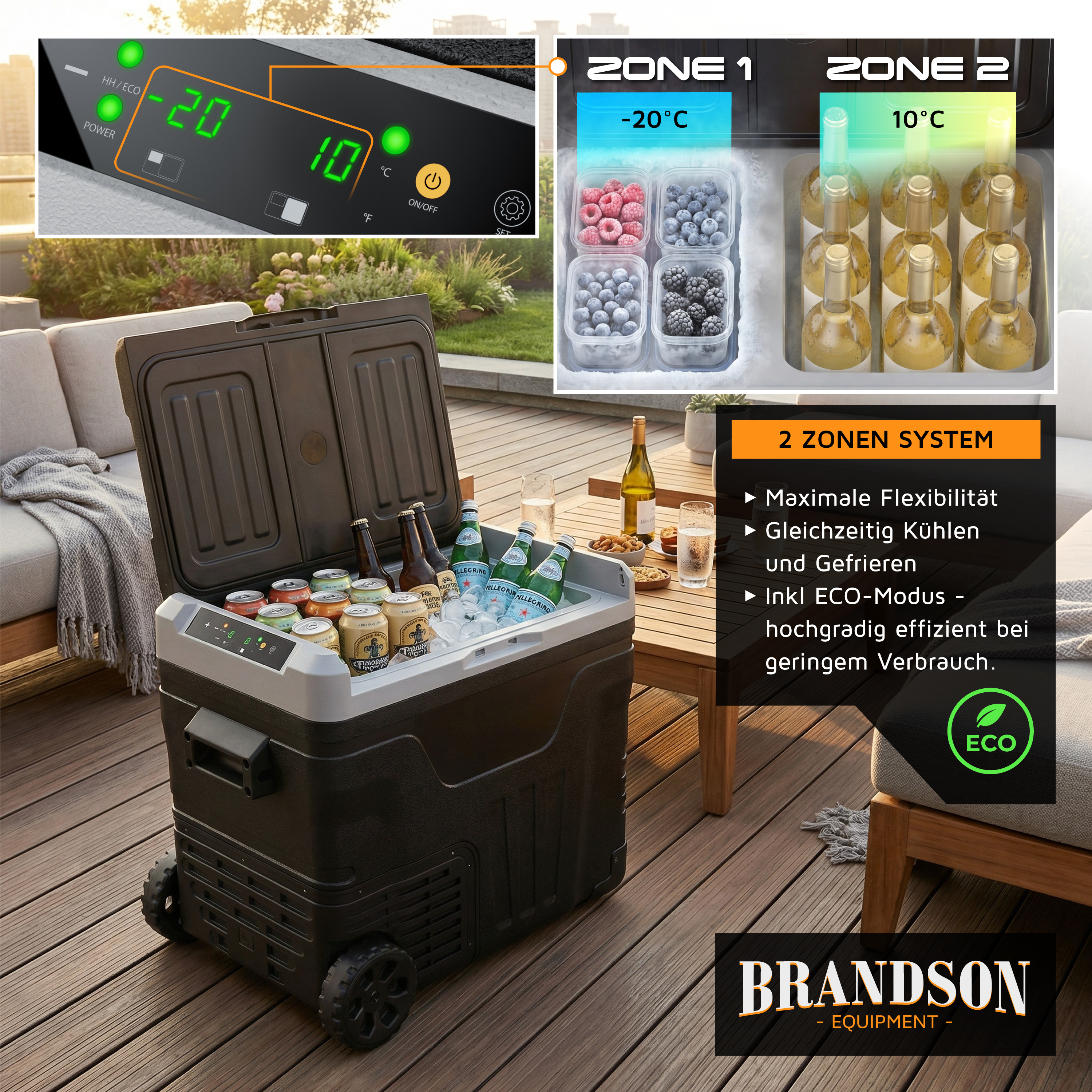 Brandson elektrische Kühlbox mit zwei Zonen, schwarzes Gehäuse, digitales Display, Getränke und Snacks im Inneren, auf einer Terrasse platziert.