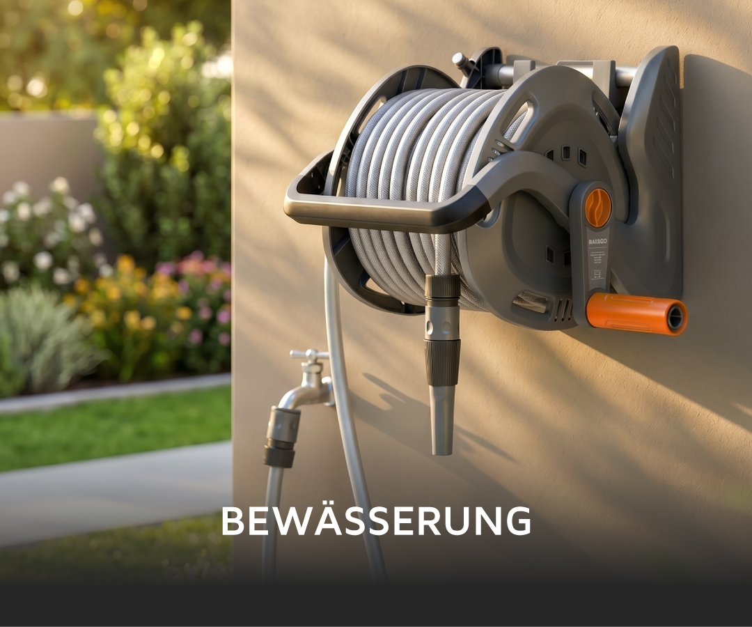 An der Wand montierter Gartenschlauchaufroller von Brandson in grauem Design mit einziehbarem Schlauch und orangefarbener Düse.