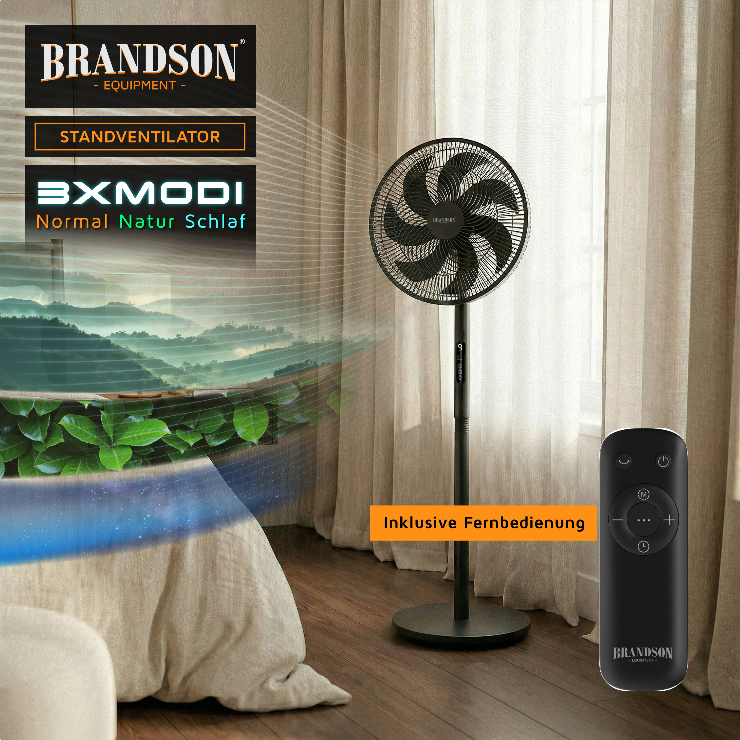 Brandson Standventilator mit schwarzem Metallgestell, Fernbedienung und drei Modi für individuellen Luftstrom in einem modernen Raum.