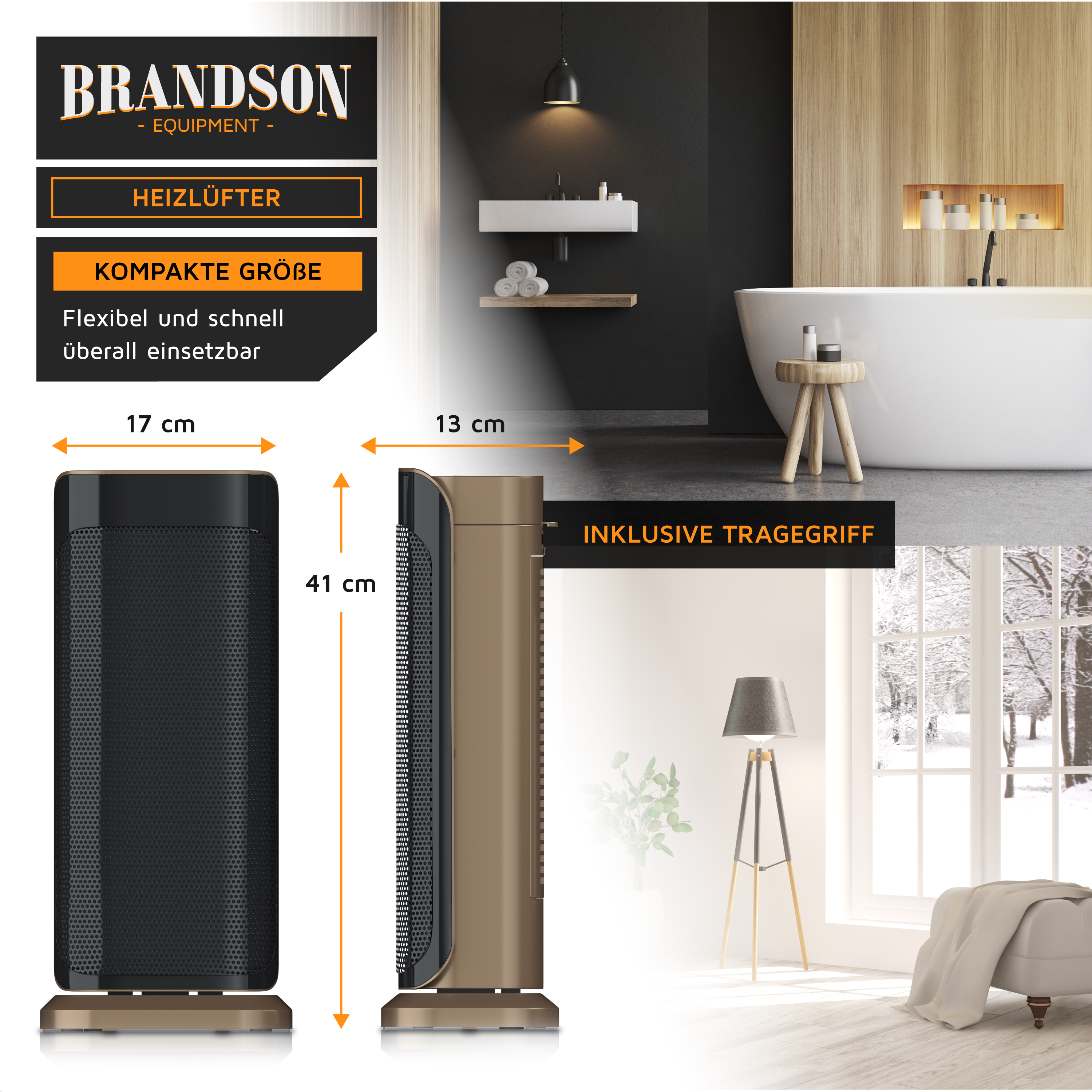 Brandson Heizlüfter in kompaktem Design, schwarz und gold, mit Tragegriff, ideal für den flexiblen Einsatz in modernen Wohnräumen.