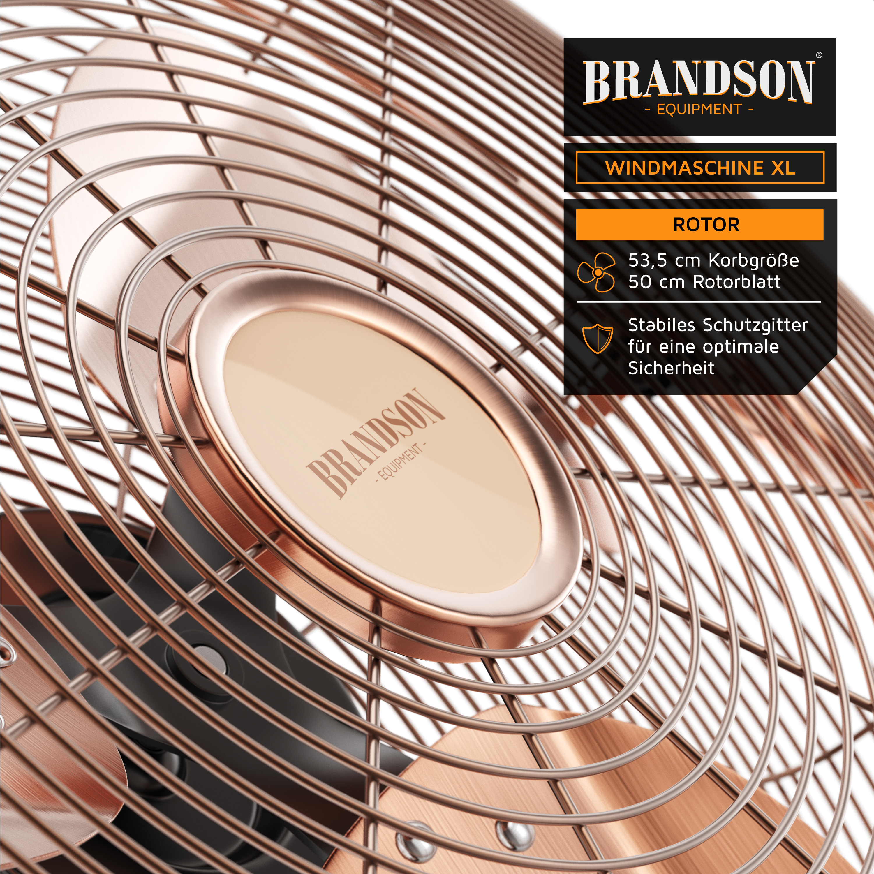 Brandson Windmaschine XL mit einem stabilen Schutzgitter und einem eleganten Design in Kupferfarbe, ideal für eine optimale Luftzirkulation.