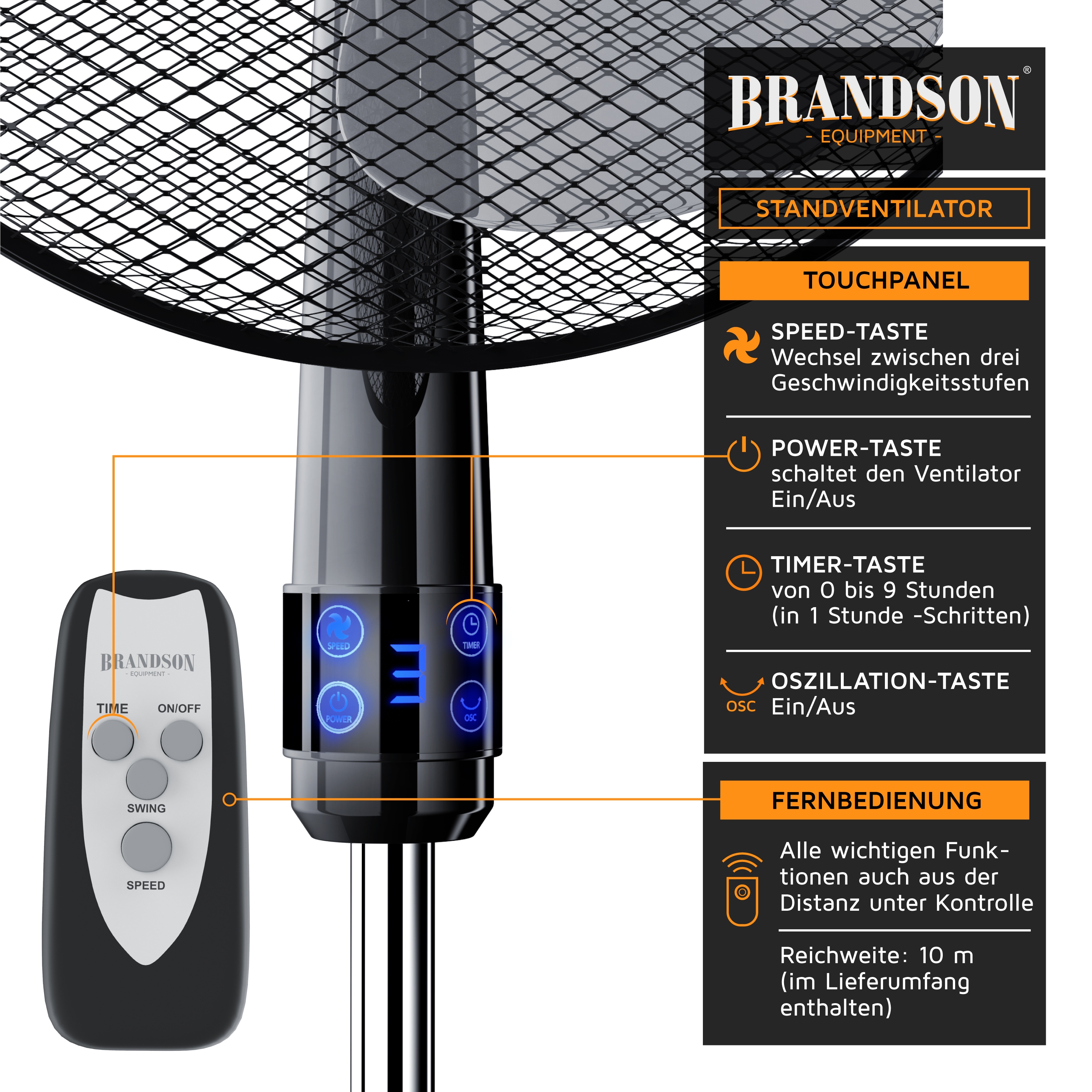 Standventilator von Brandson mit elegantem schwarzem Design, Touchpanel, Fernbedienung und einstellbaren Geschwindigkeitseinstellungen für individuelle Kühlung.