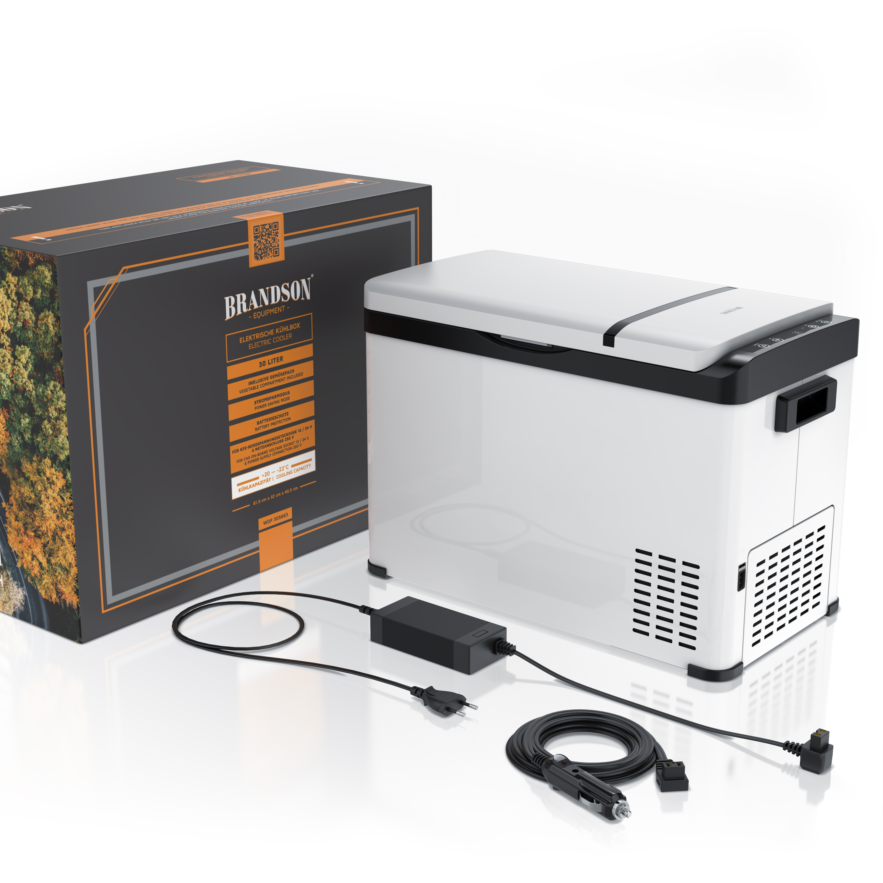 Brandson elektrische Kühlbox in Weiß mit schwarzem Deckel, inklusive Zubehör und Verpackung, für mobile Kühlung geeignet.