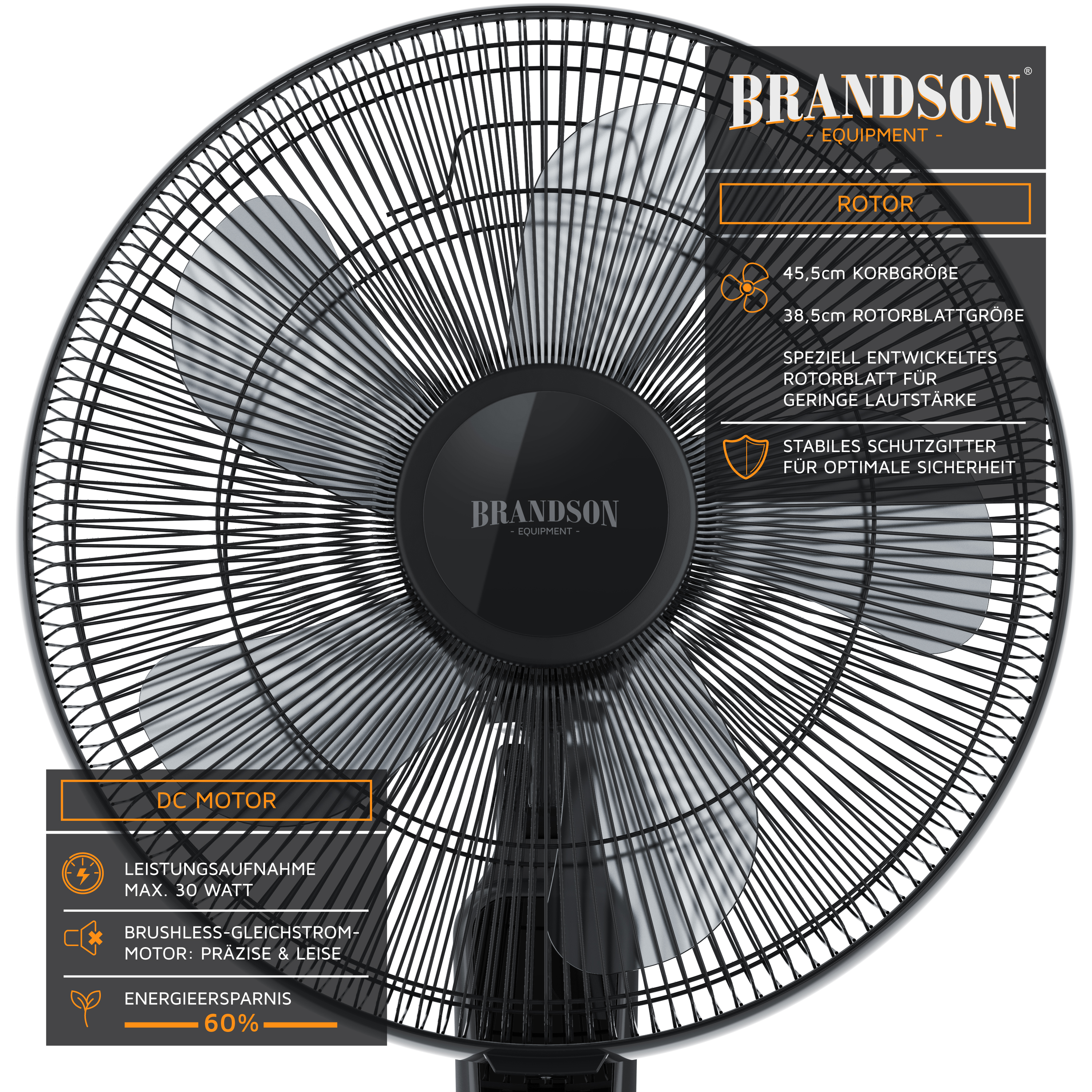 Brandson Standventilator mit 45,5 cm Korbgröße, schwarzem Schutzgitter und leisen Rotorblättern für optimale Sicherheit.