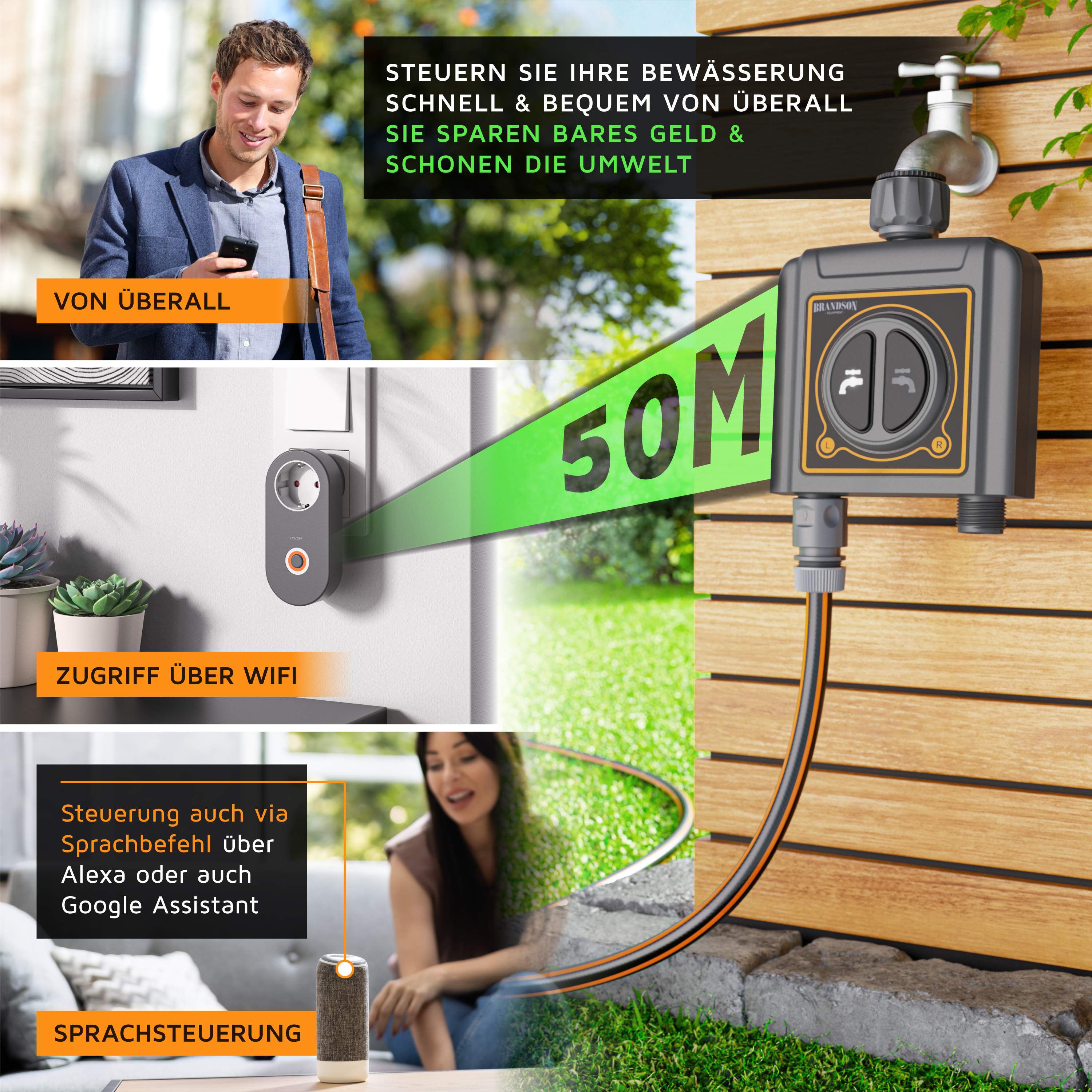 Smarter Bewässerungscontroller von Brandson mit WLAN-Zugang, benutzerfreundlicher Oberfläche und Sprachsteuerungsfunktionen.