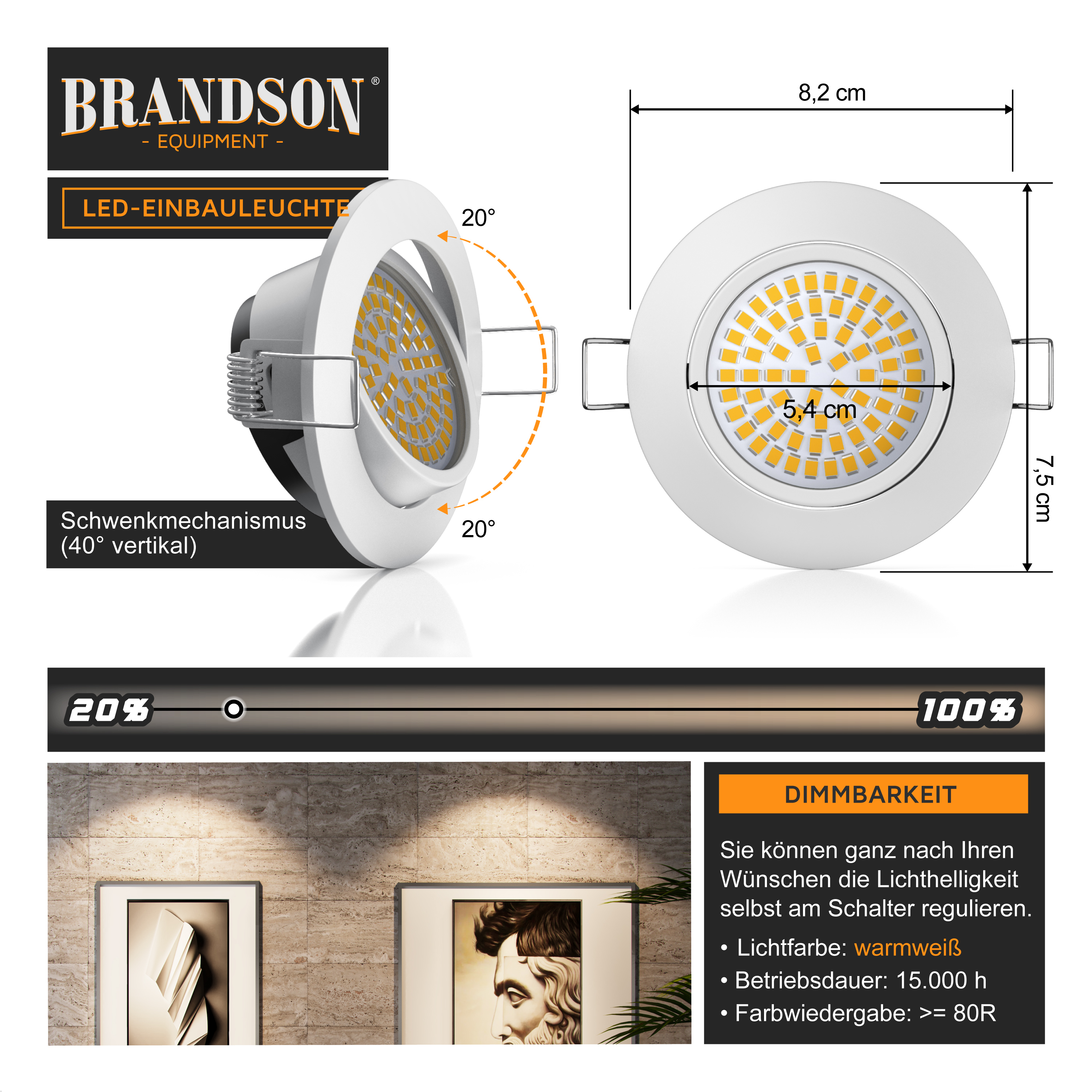 Brandson LED Einbauleuchte mit schwenkbarem Mechanismus, warmweißem Licht und dimmbarer Funktion, runder, weißer Rahmen.