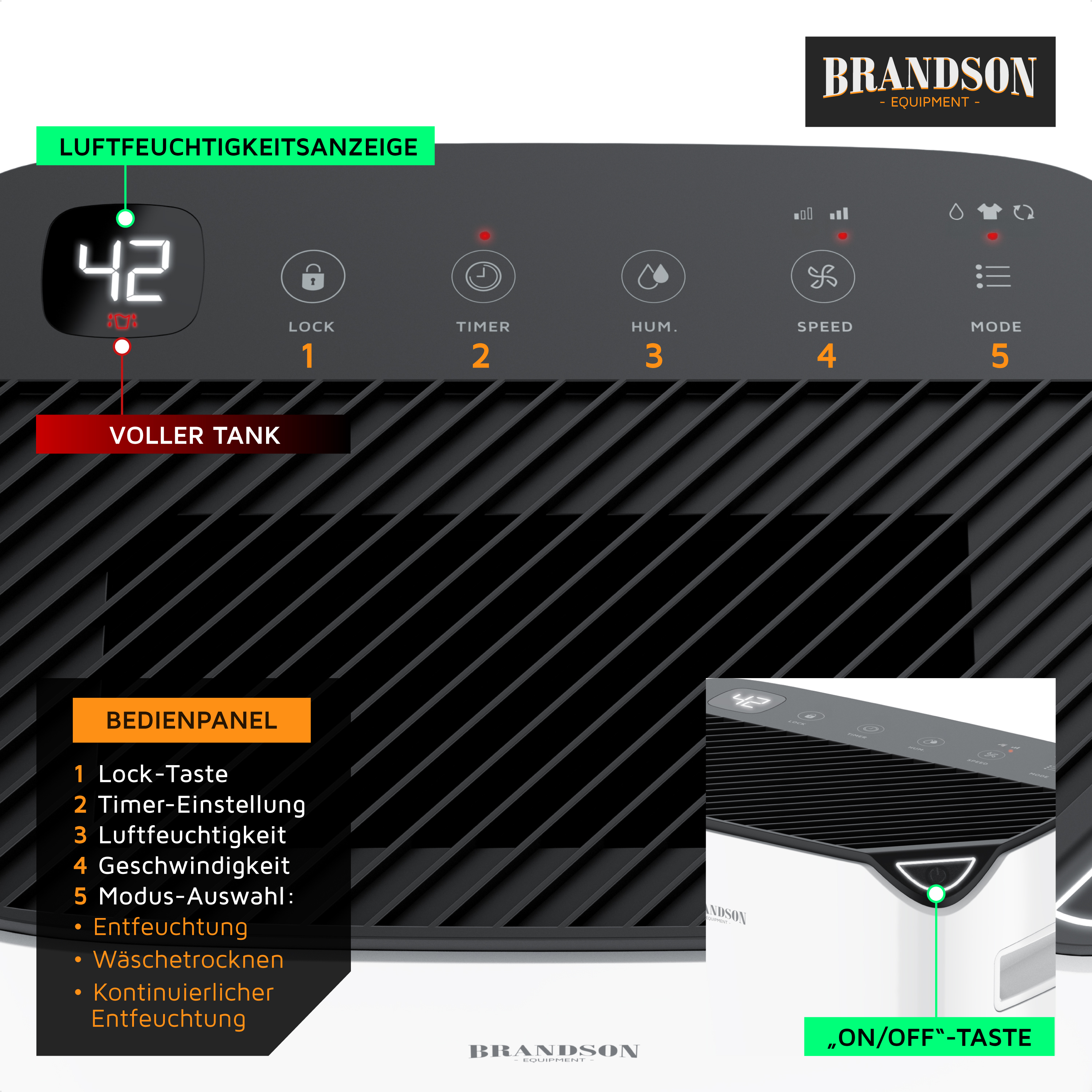 Brandson Luftentfeuchter mit digitalem Display, Bedienfeld und Anzeige für Luftfeuchtigkeit, im schwarzen Design.