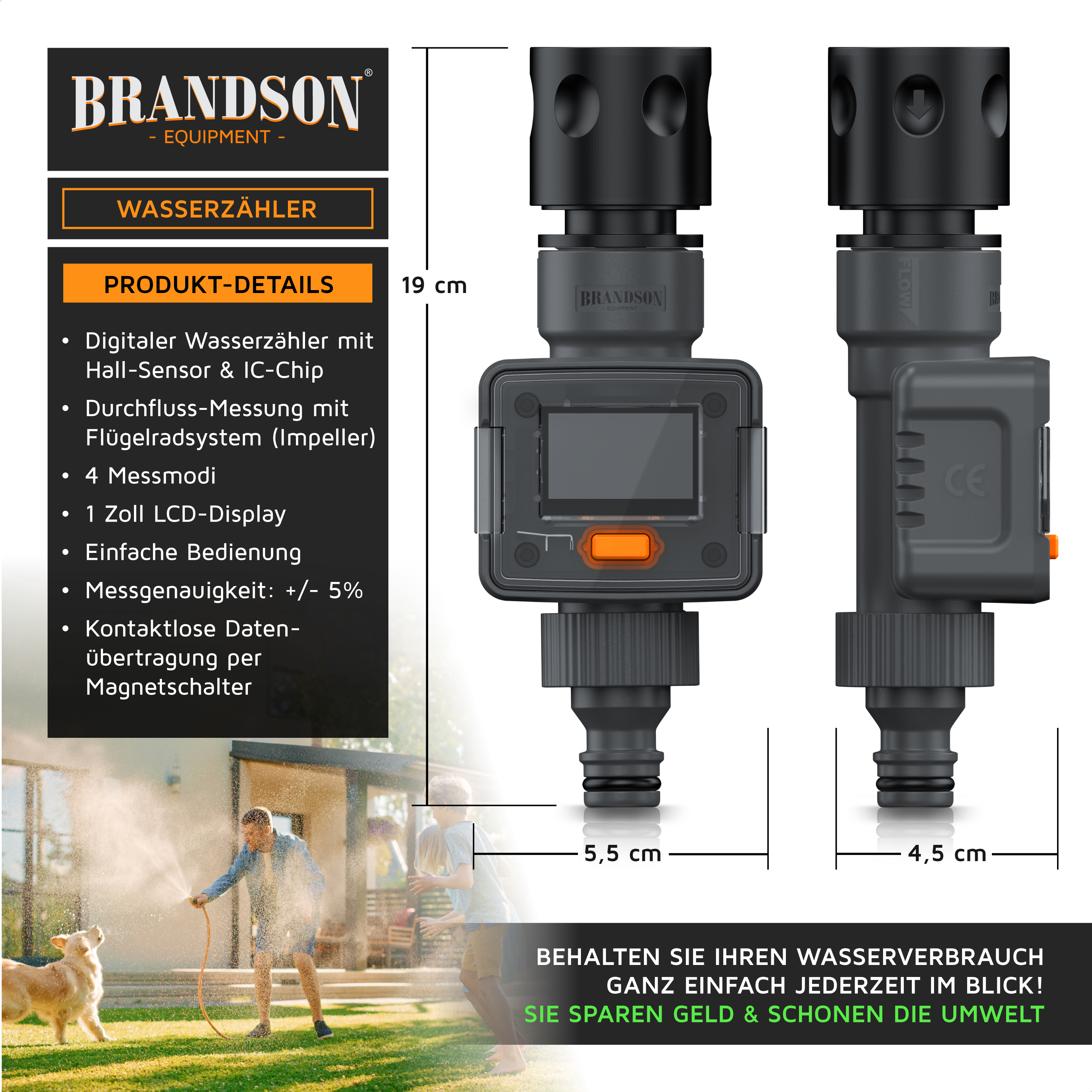 Brandson Wasserzähler mit LCD-Display, schwarzem Gehäuse und orangefarbenem Bedienknopf, geeignet für einfache Wasserverbrauchsmessung.