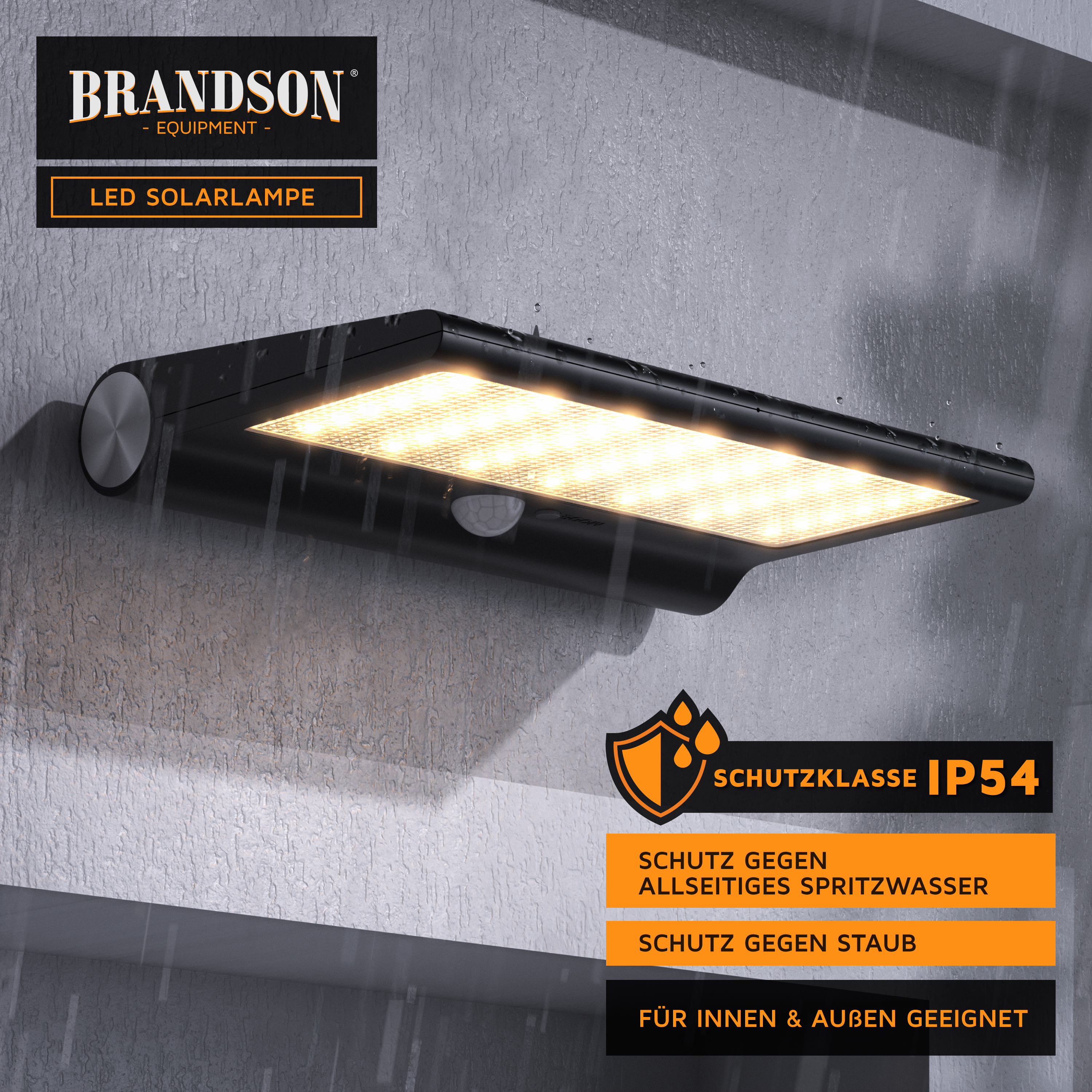 Brandson LED-Solarlampe mit elegantem schwarzem Design, Bewegungssensor und wasserdichtem Gehäuse, geeignet für den Innen- und Außenbereich.
