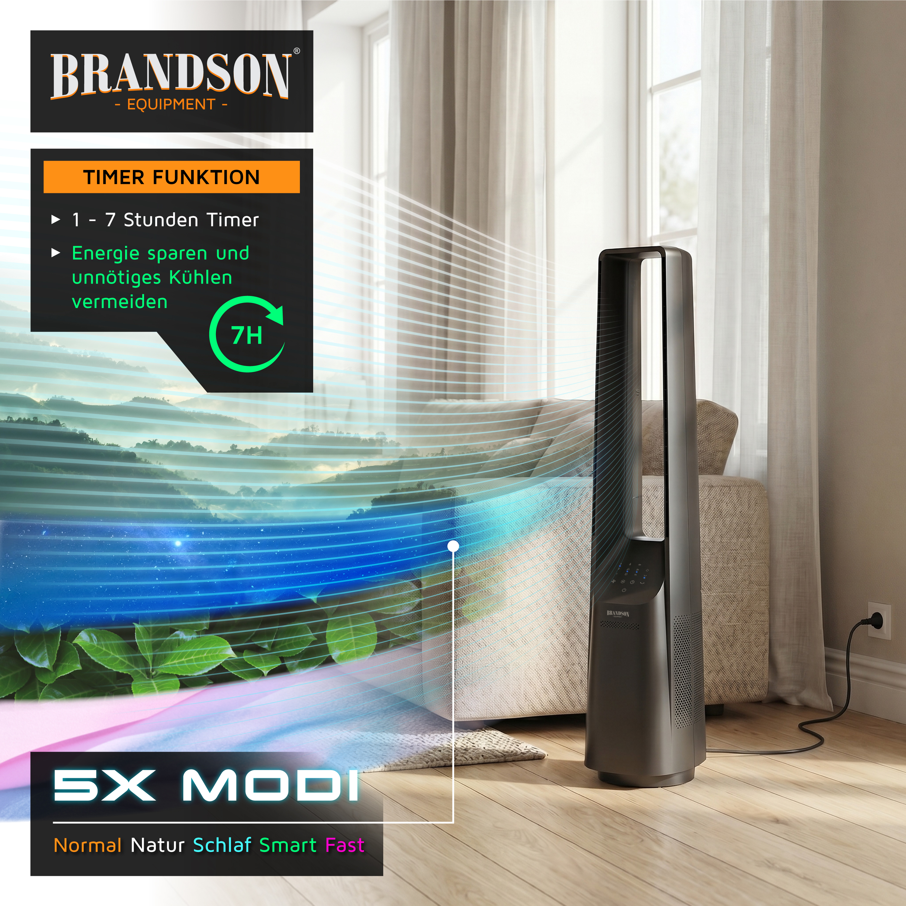 Brandson Turmventilator mit elegantem Design, dunkelgrauer Farbe, Digitalanzeige und Fernbedienung, platziert in einem gemütlichen Wohnzimmerambiente.