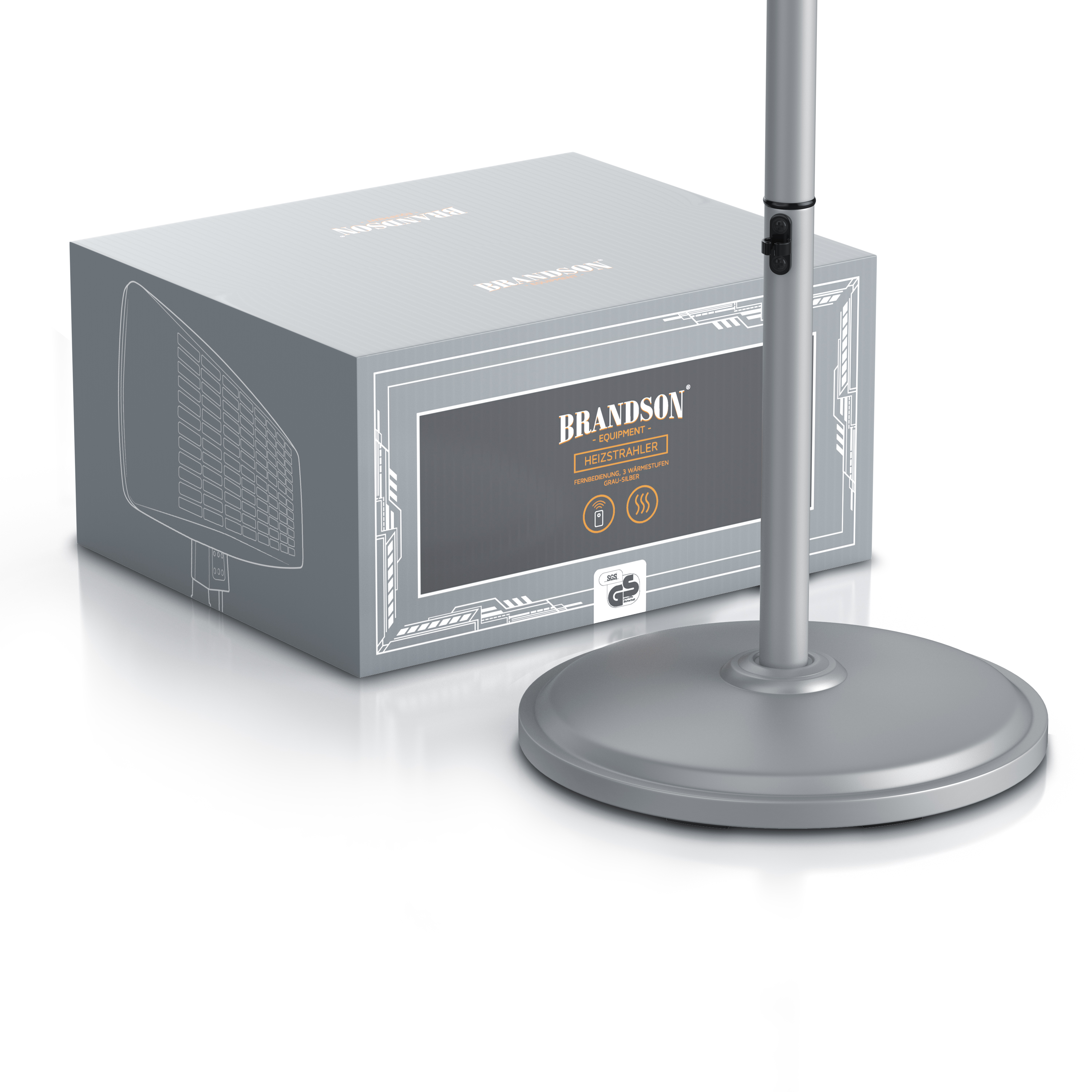 Brandson Heizstrahler mit stabiler Standbasis und verstellbarem Metallgestell, verpackt in einer grauen Box.