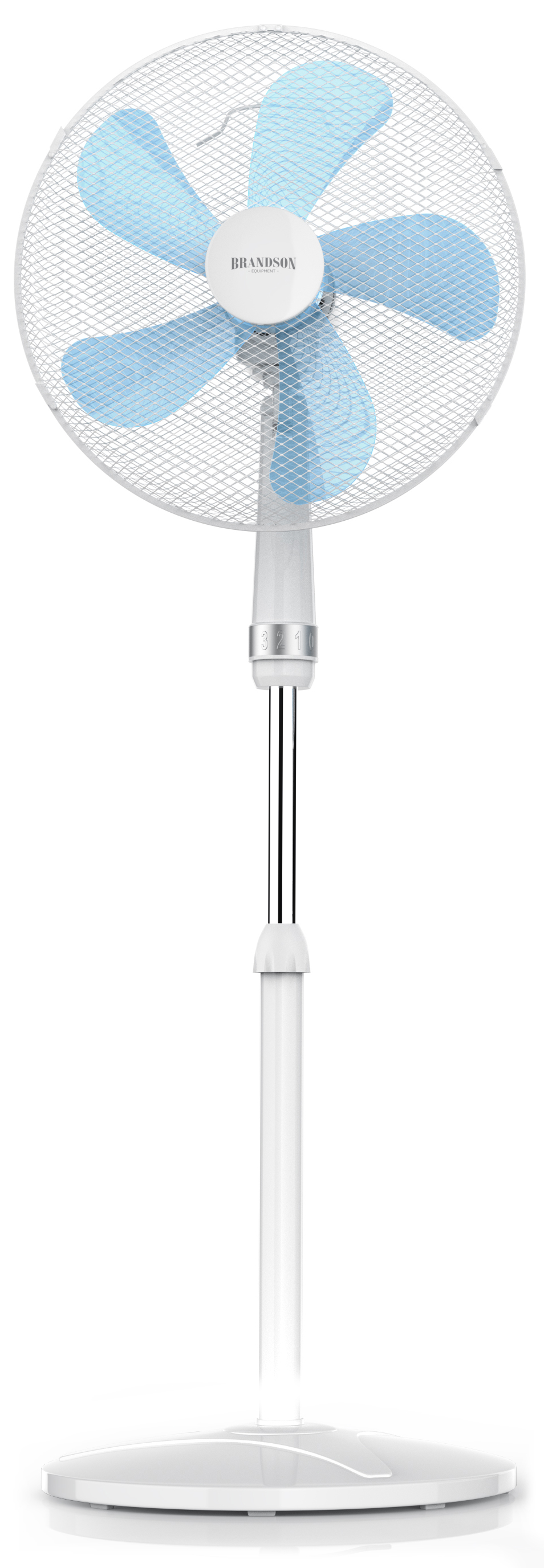Standventilator von Brandson mit weißem Sockel, verstellbarer Höhe und blauen Flügeln, Netzschutz und schlankem Design.