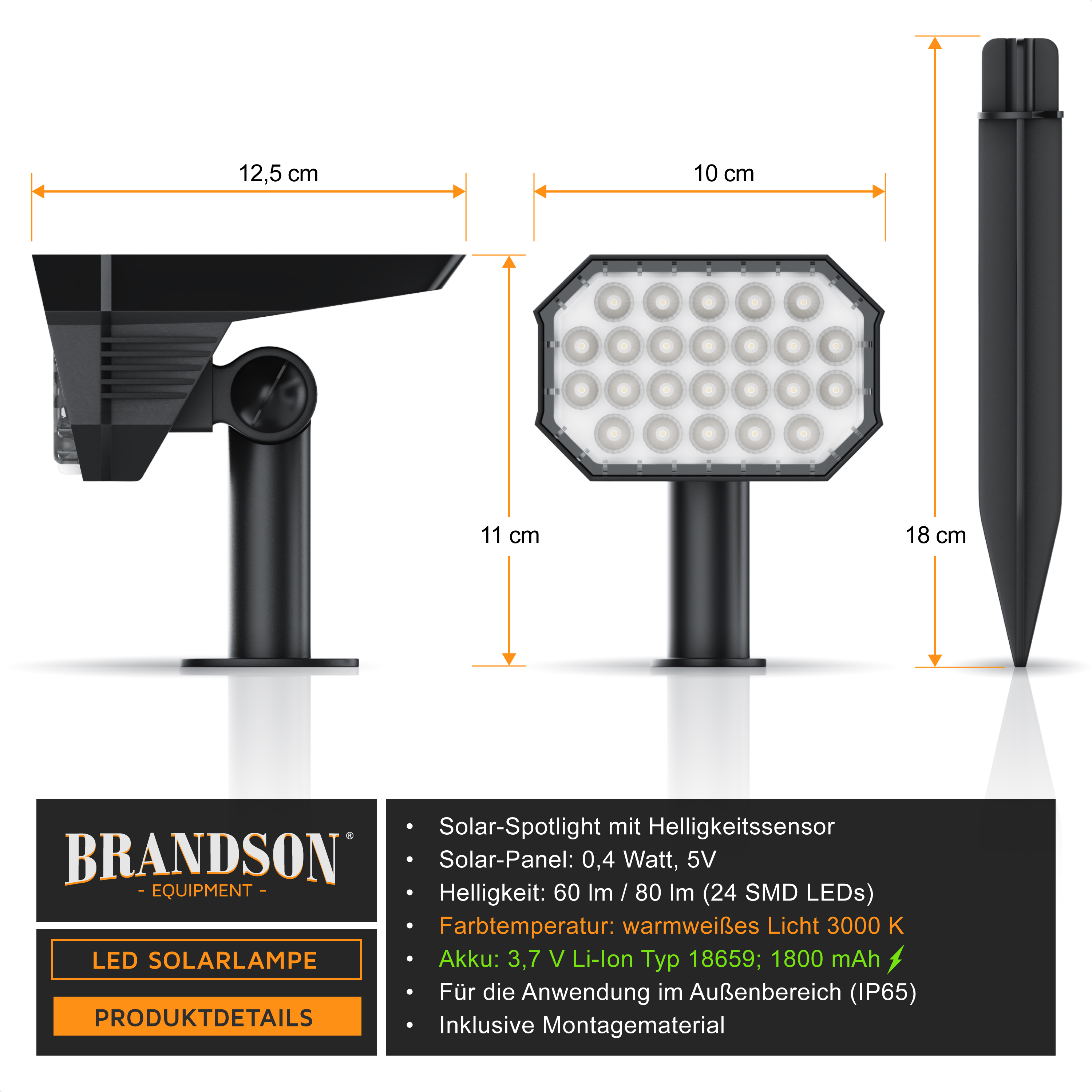 Brandson LED-Solarstrahler mit Helligkeitssensor, schwarzes Design, ausgestattet mit 24 SMD-LEDs und einem Erdspieß für den Außenbereich.