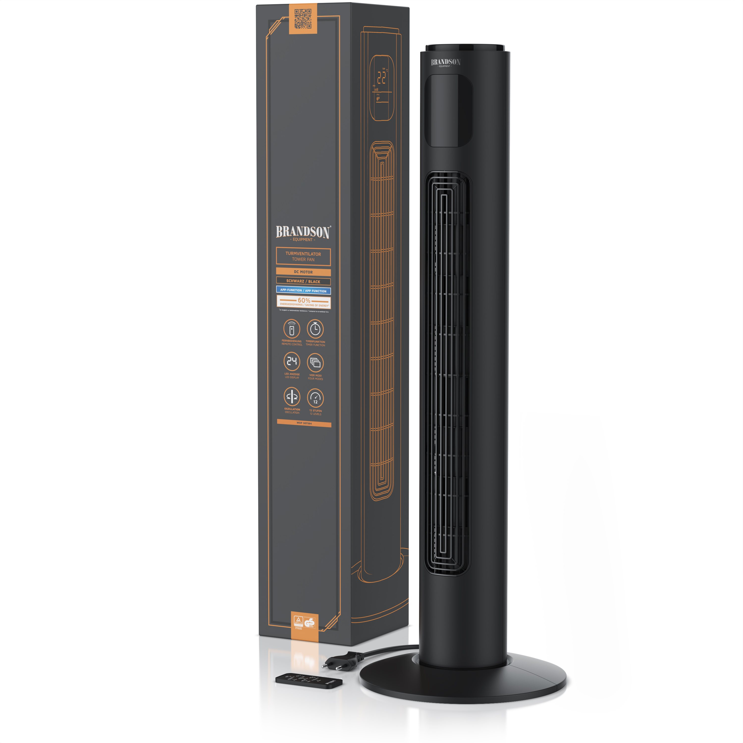 Brandson Turmventilator in Schwarz mit elegantem Design, Digitalanzeige, Bedienfeld, Fernbedienung und sichtbarer Verpackung.