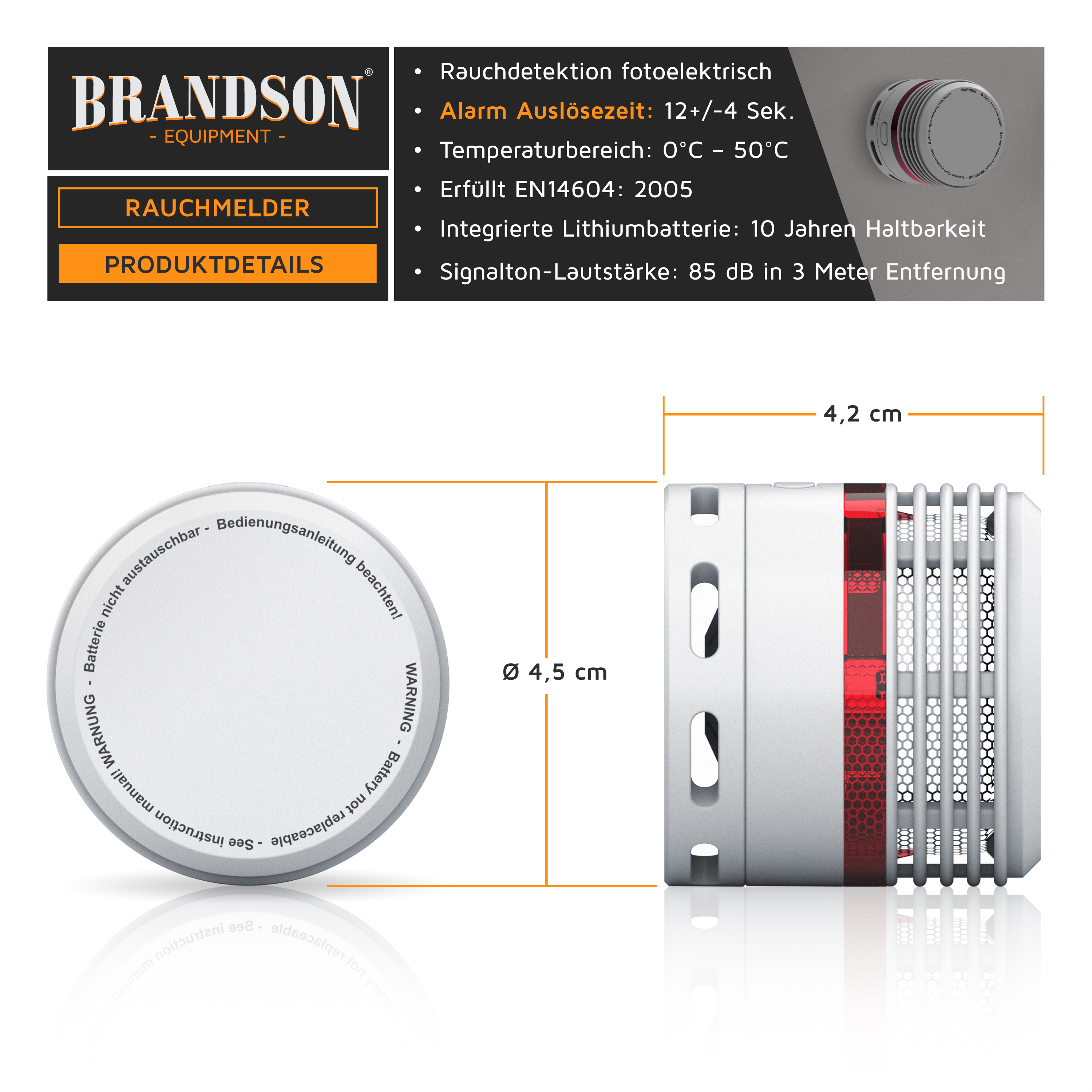 Brandson Rauchmelder mit fotoelektrischer Rauchdetektion, runder Bauform, weißem Gehäuse und integrierter Lithiumbatterie.