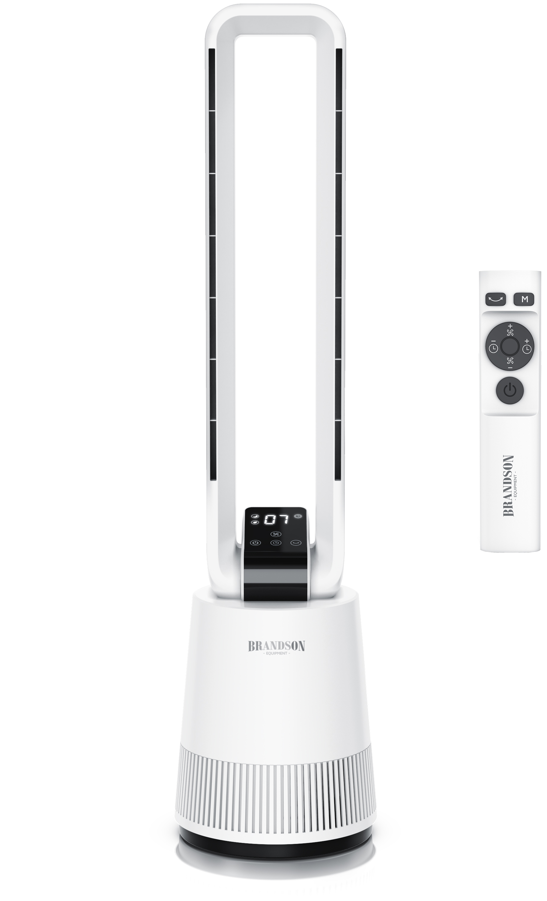 Brandson Turmventilator in Weiß mit elegantem Design, Digitalanzeige und Fernbedienung für einfache Bedienung.