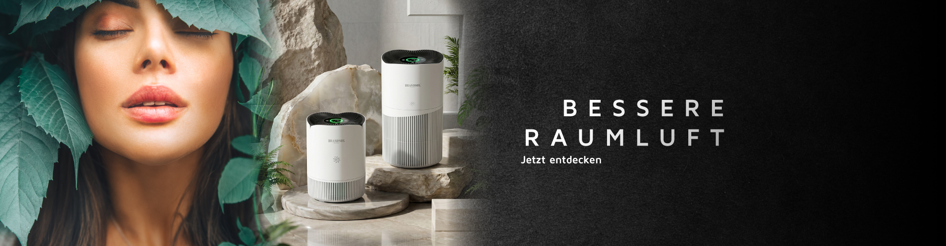 Brandson Luftreiniger im modernen Design mit schwarzem Oberteil und weißem Gehäuse, platziert in einem stilvollen Raum.