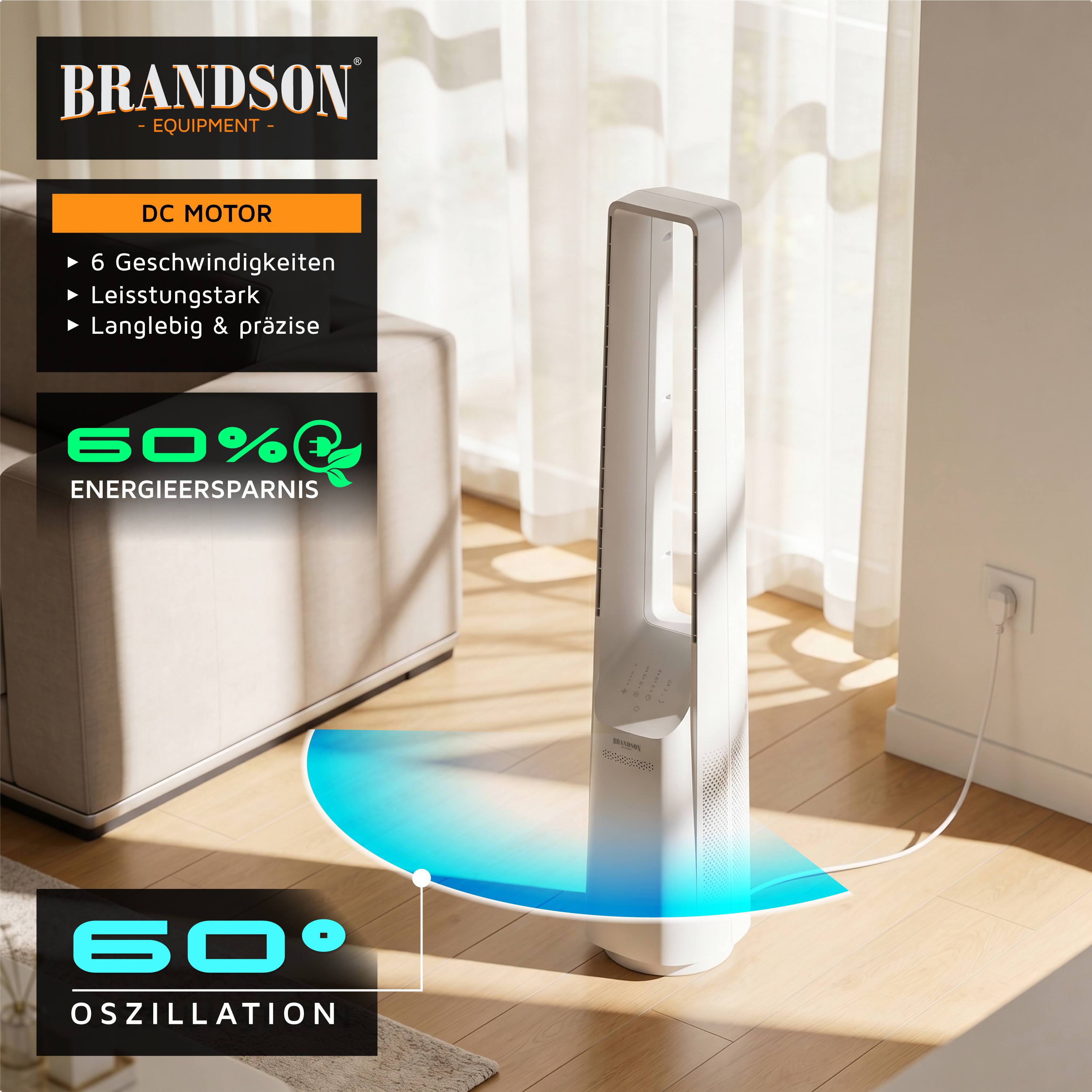 Brandson Turmventilator mit elegantem weißem Design, Bedienfeld und Oszillationsfunktion, platziert in einem hellen Wohnzimmer.