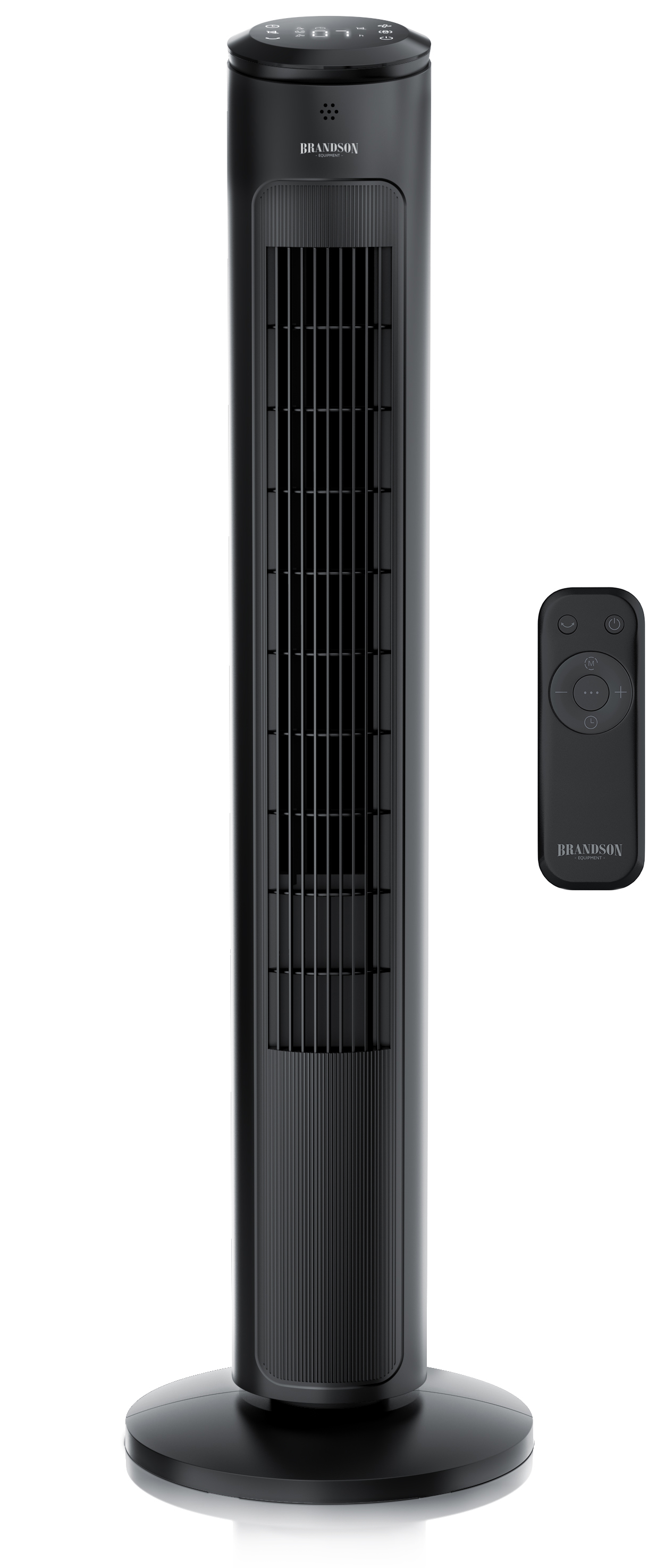 Brandson Turmventilator in Schwarz mit schlanker Bauform, Bedienfeld und Fernbedienung für einfache Steuerung.